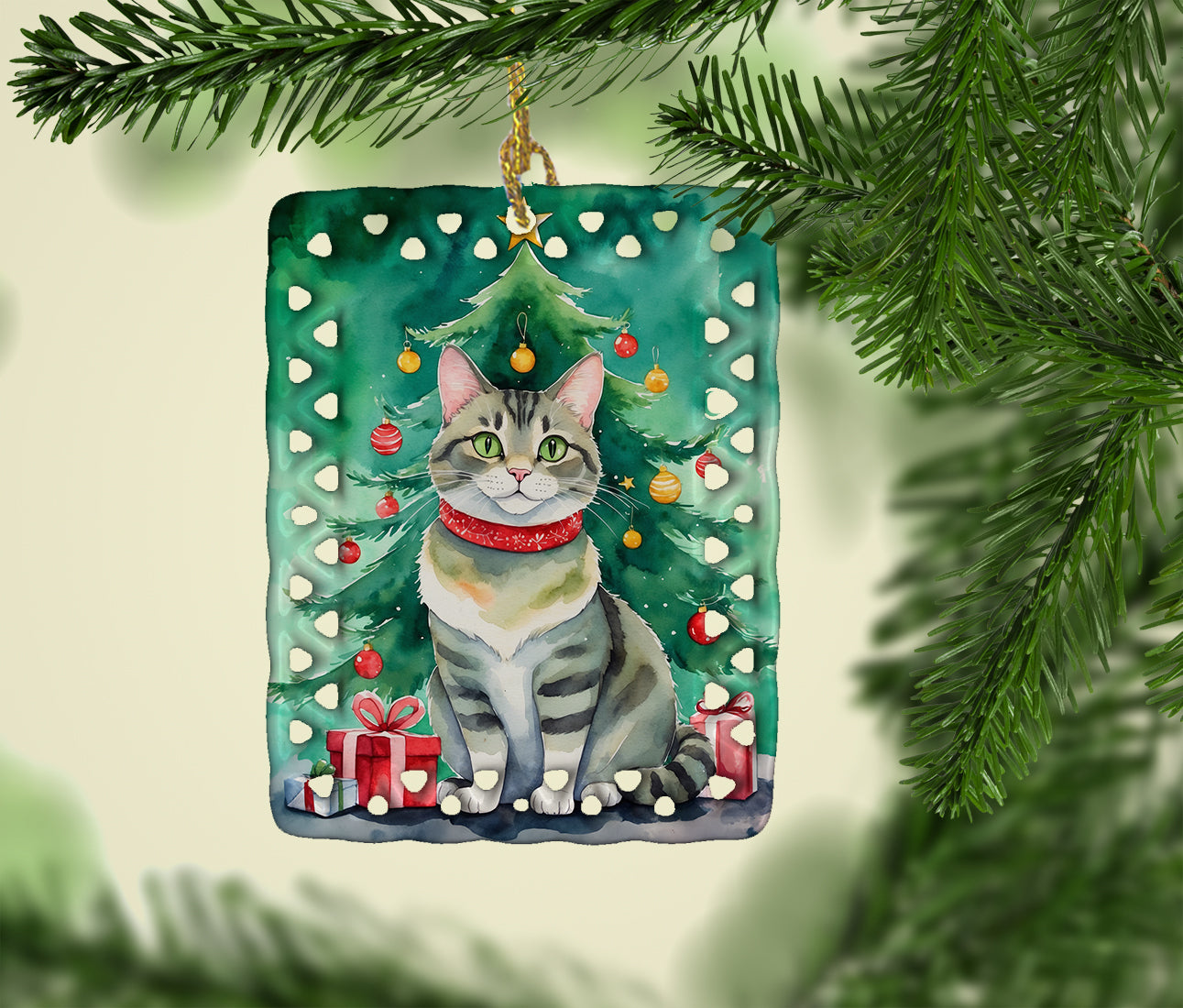 Raas Cat By the Christmas Tree Porcelain Ornament