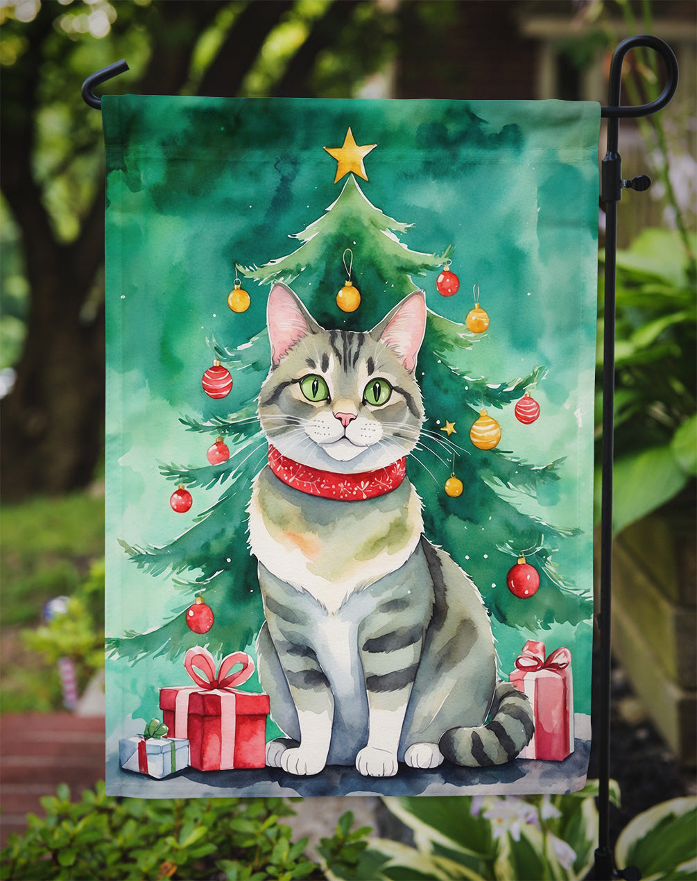 Raas Cat By the Christmas Tree Garden Flag