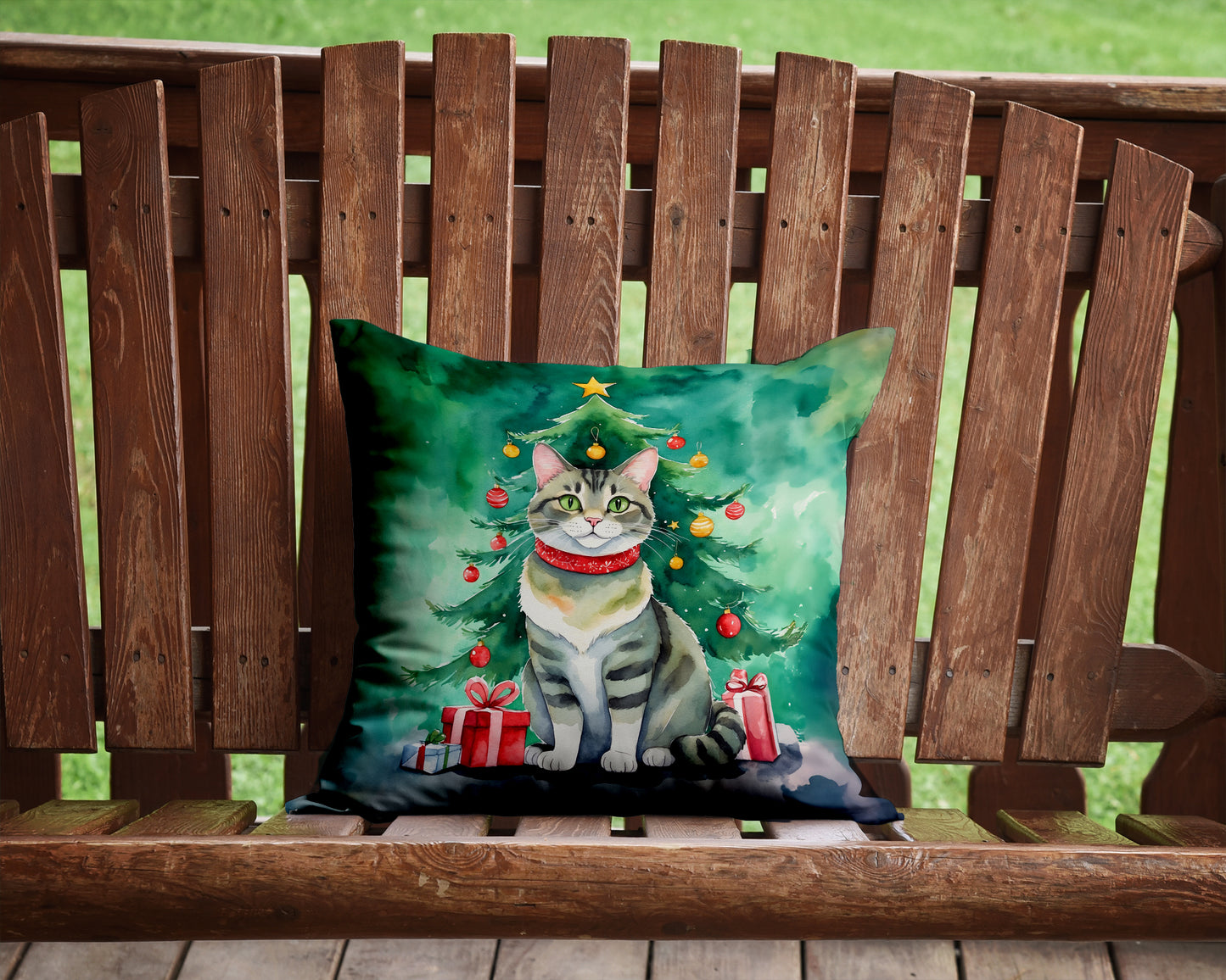 Raas Cat By the Christmas Tree Throw Pillow