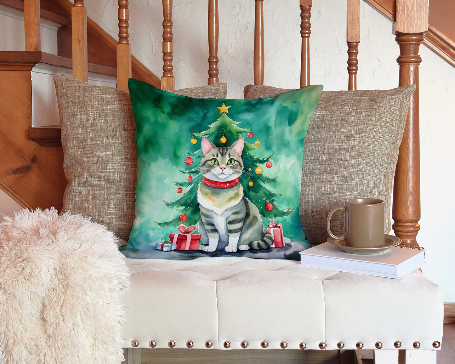 Raas Cat By the Christmas Tree Throw Pillow