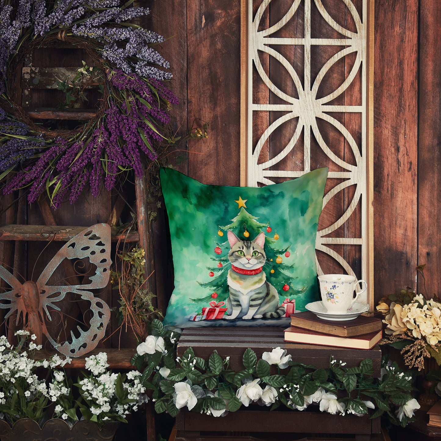 Raas Cat By the Christmas Tree Throw Pillow