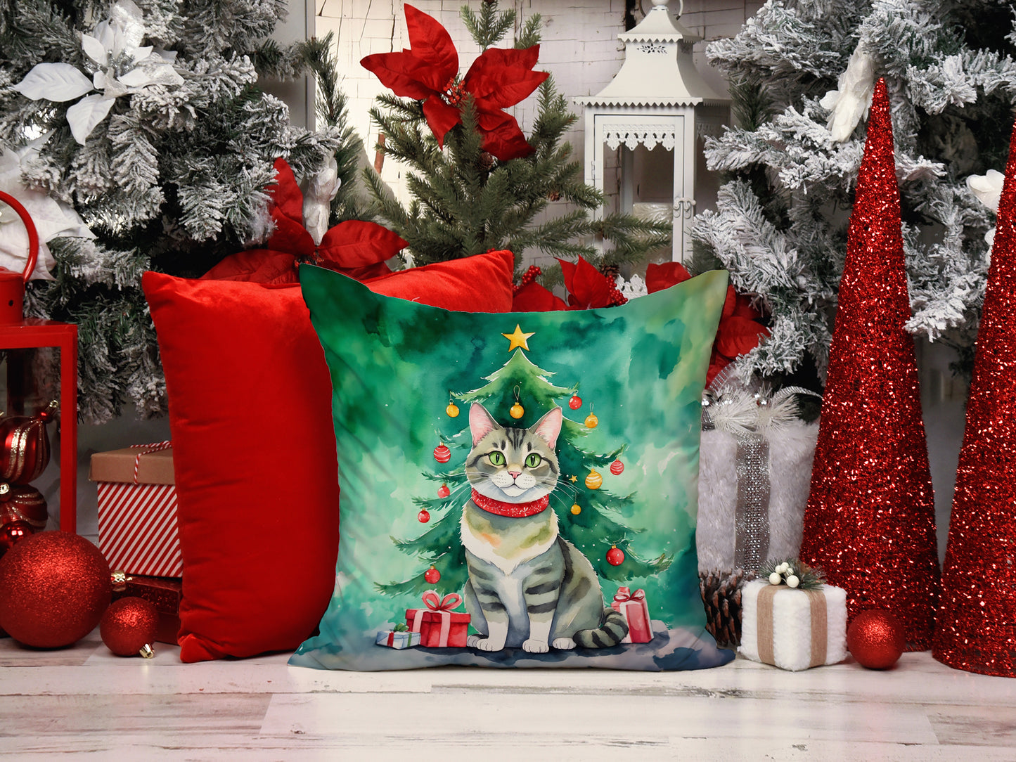 Raas Cat By the Christmas Tree Throw Pillow