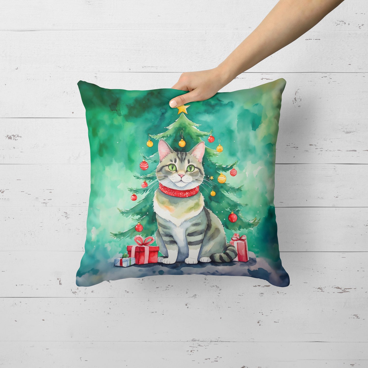 Raas Cat By the Christmas Tree Throw Pillow