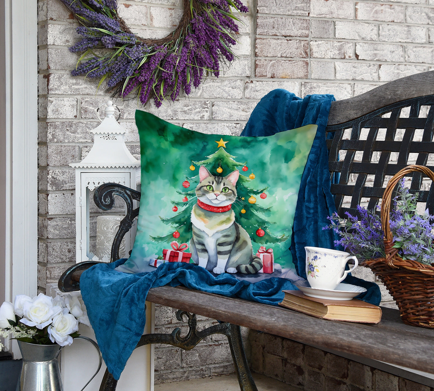 Raas Cat By the Christmas Tree Throw Pillow