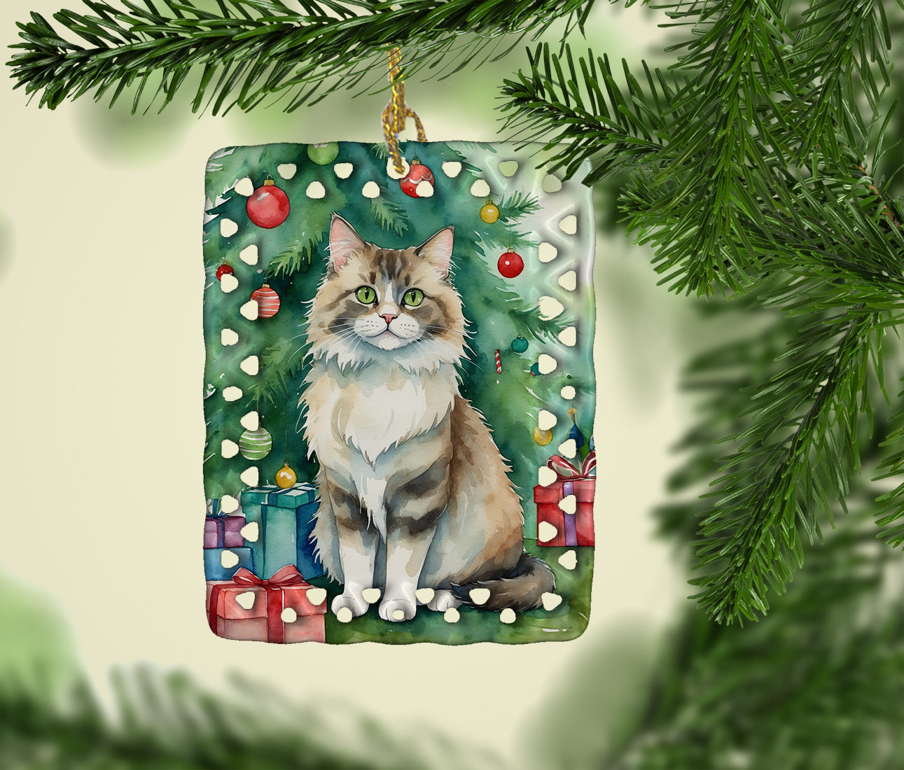 Ragamuffin Cat By the Christmas Tree Porcelain Ornament