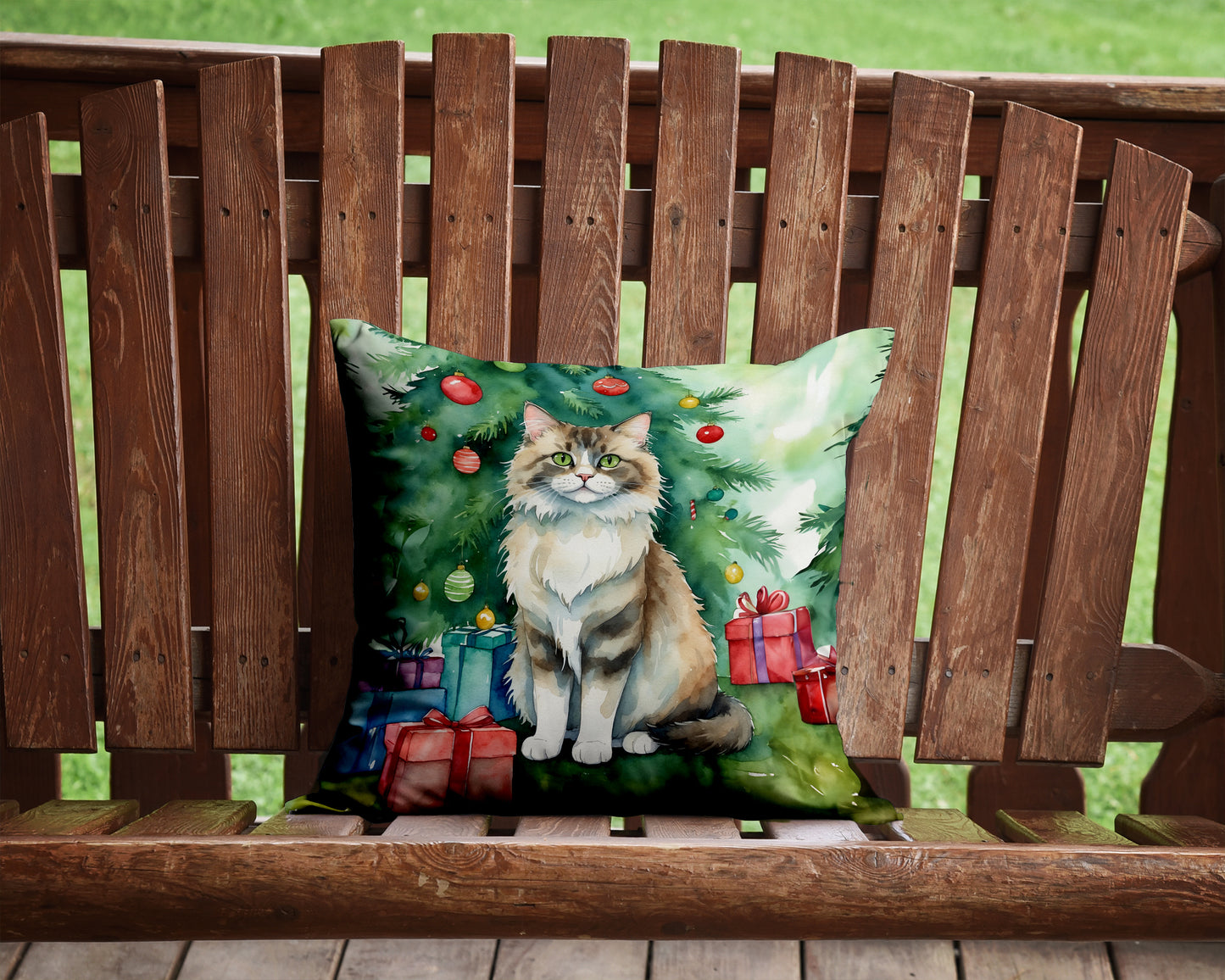 Ragamuffin Cat By the Christmas Tree Throw Pillow