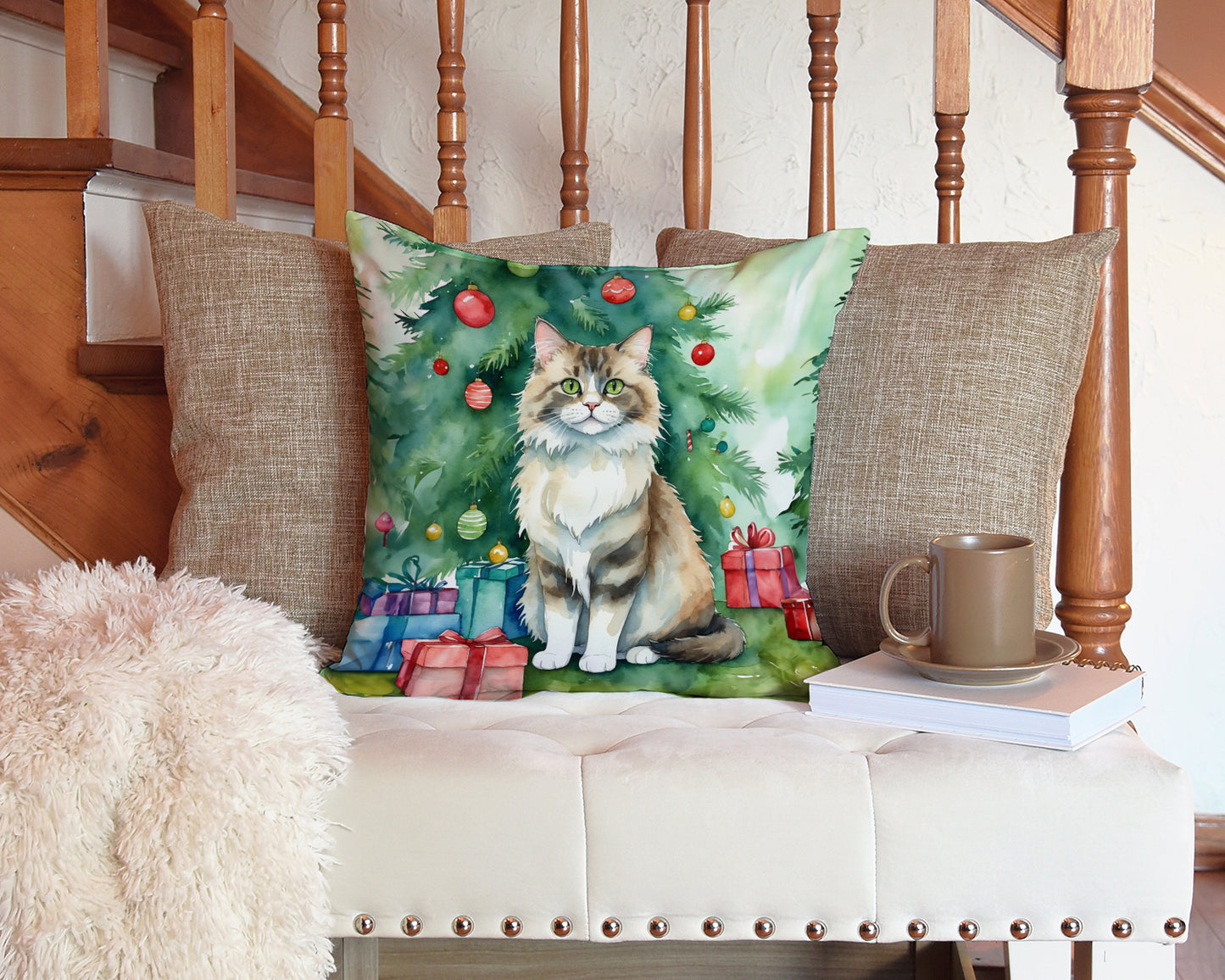 Ragamuffin Cat By the Christmas Tree Throw Pillow