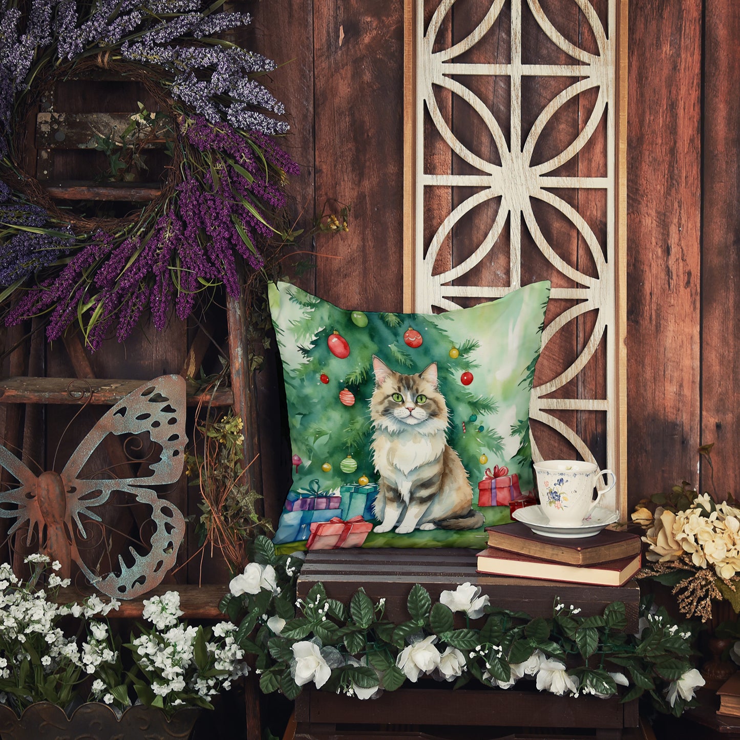 Ragamuffin Cat By the Christmas Tree Throw Pillow