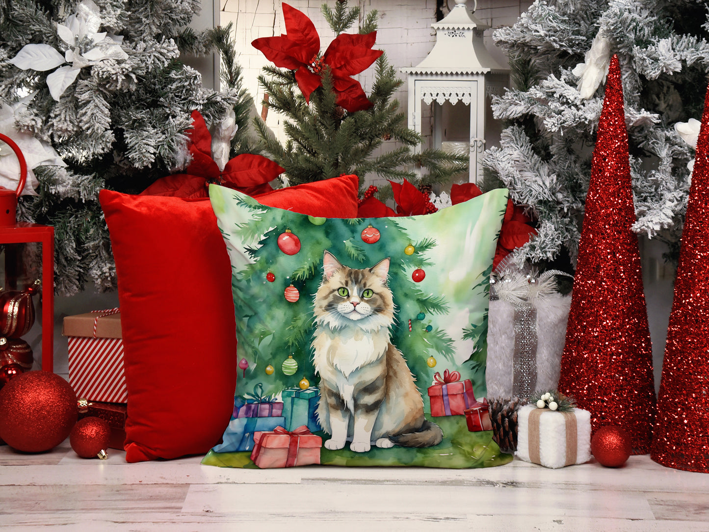 Ragamuffin Cat By the Christmas Tree Throw Pillow