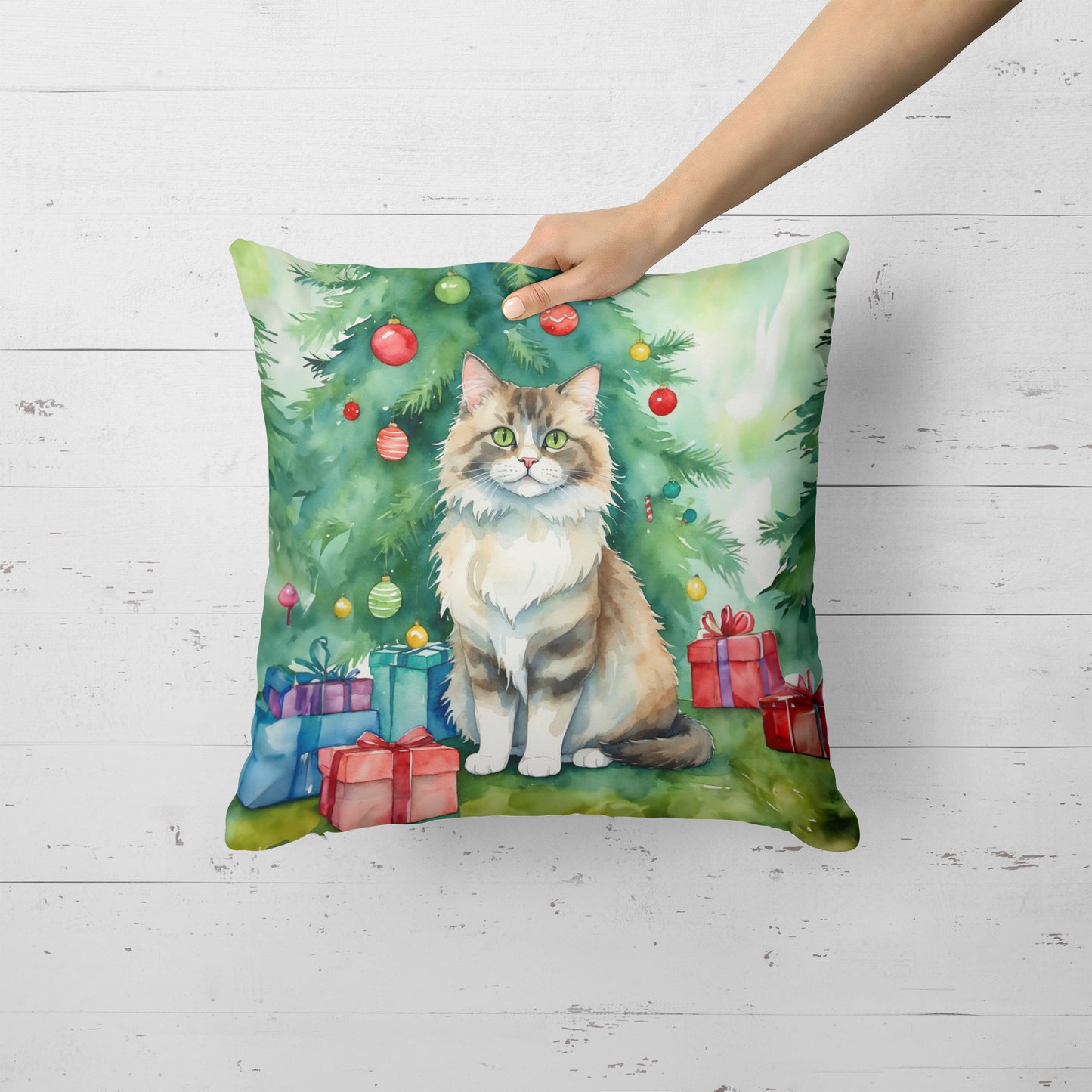 Ragamuffin Cat By the Christmas Tree Throw Pillow