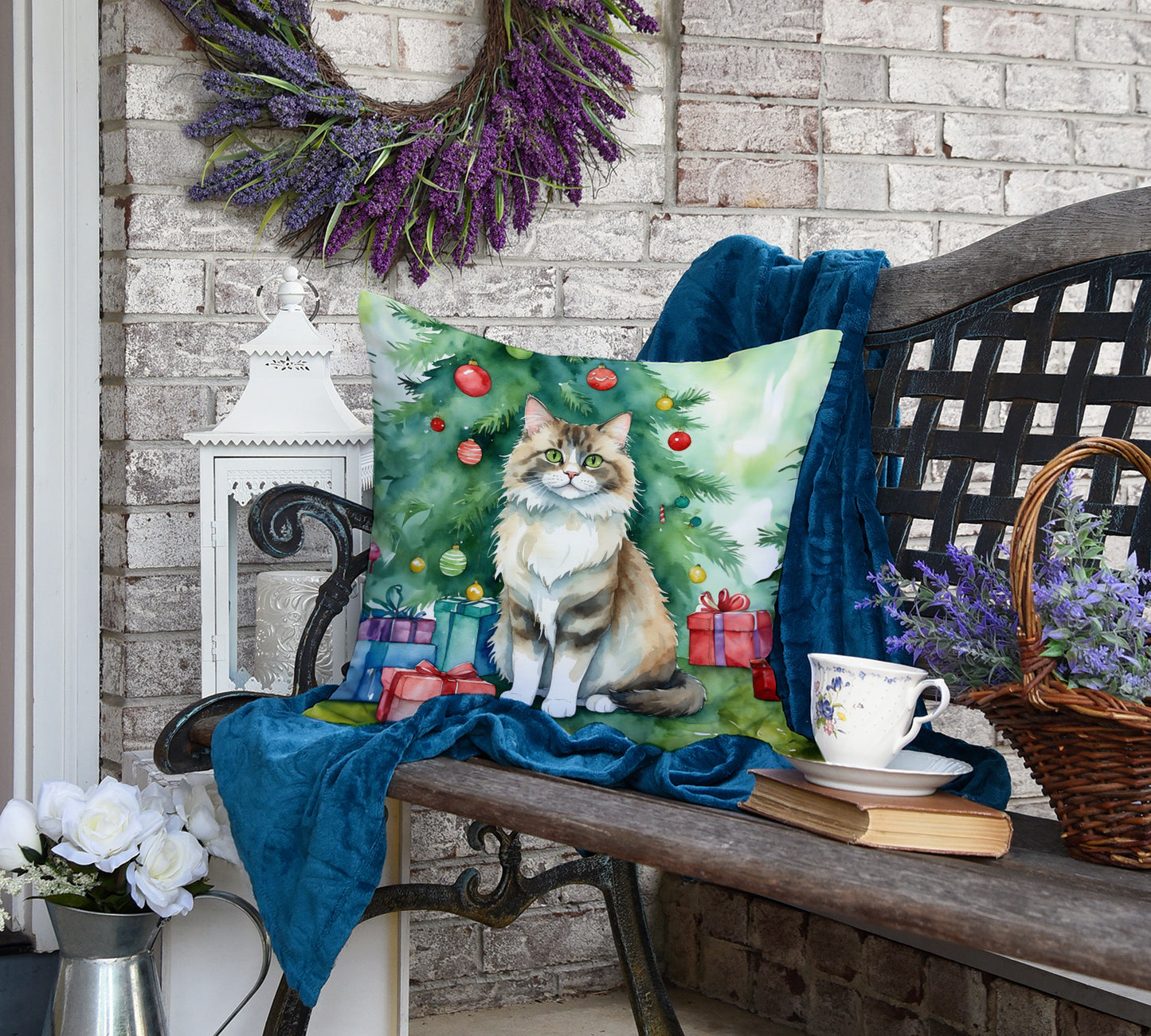 Ragamuffin Cat By the Christmas Tree Throw Pillow
