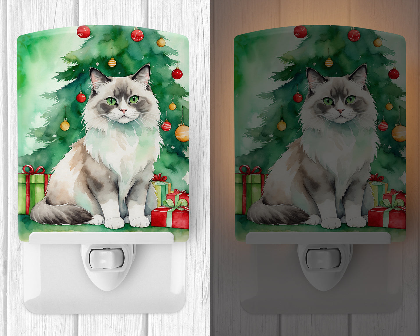 Ragdoll Cat By the Christmas Tree Ceramic Night Light