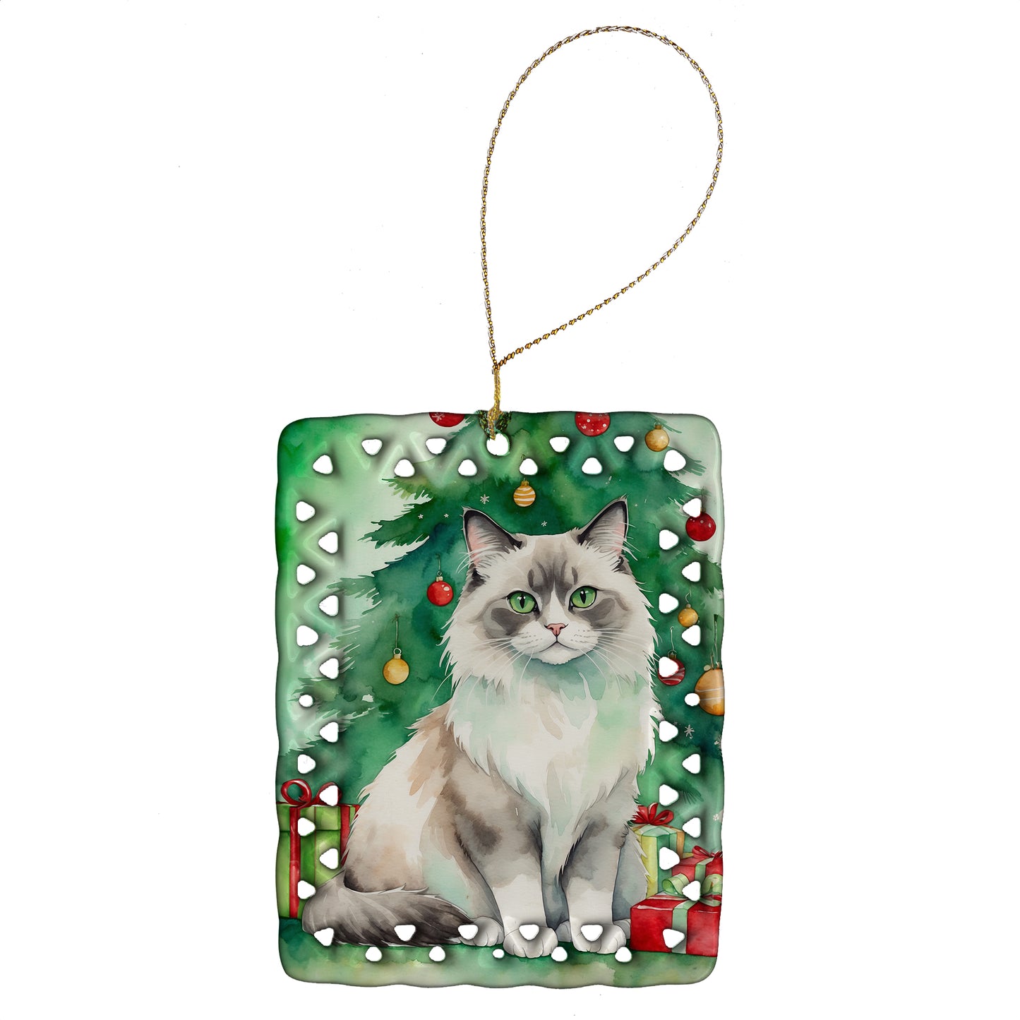 Buy this Ragdoll Cat By the Christmas Tree Porcelain Ornament
