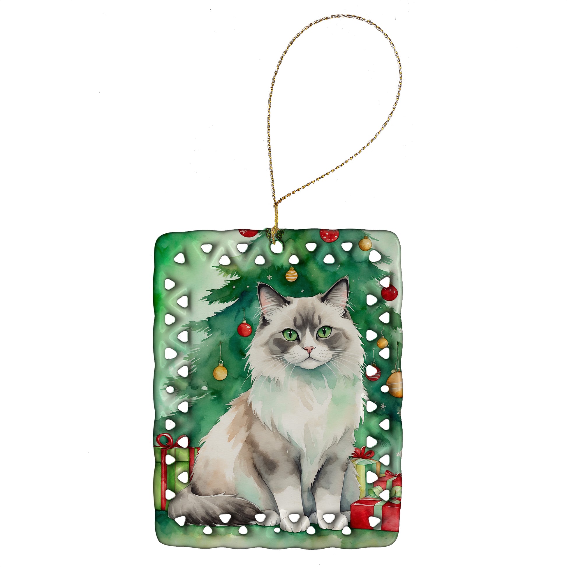 Buy this Ragdoll Cat By the Christmas Tree Porcelain Ornament