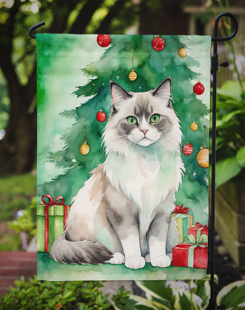 Ragdoll Cat By the Christmas Tree Garden Flag