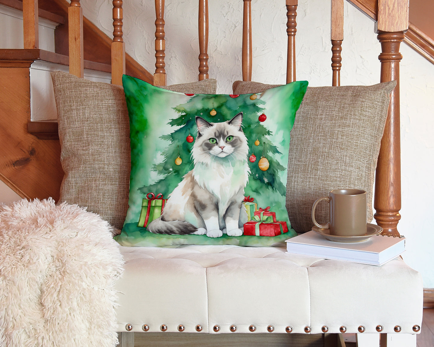 Ragdoll Cat By the Christmas Tree Throw Pillow