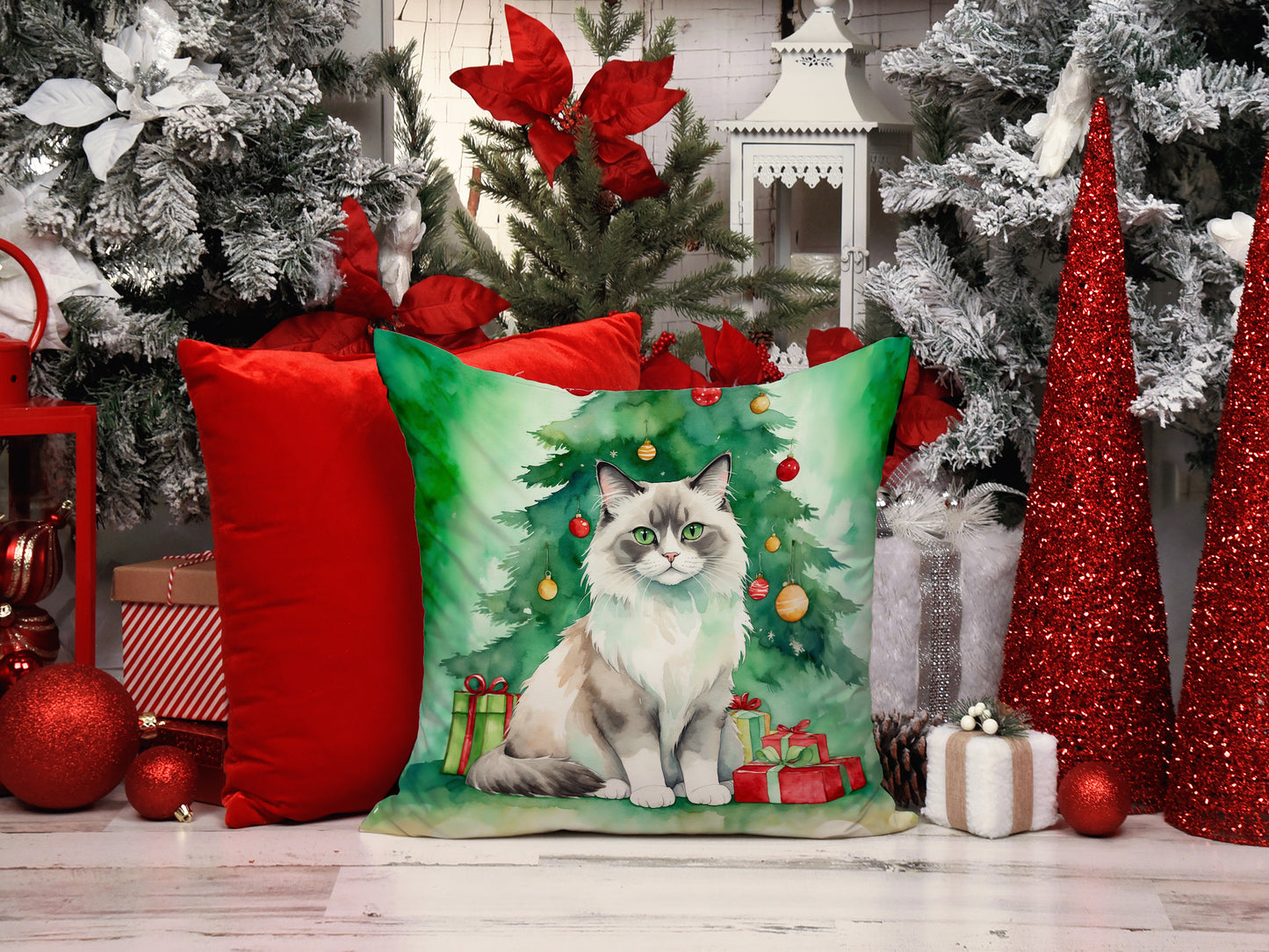 Ragdoll Cat By the Christmas Tree Throw Pillow