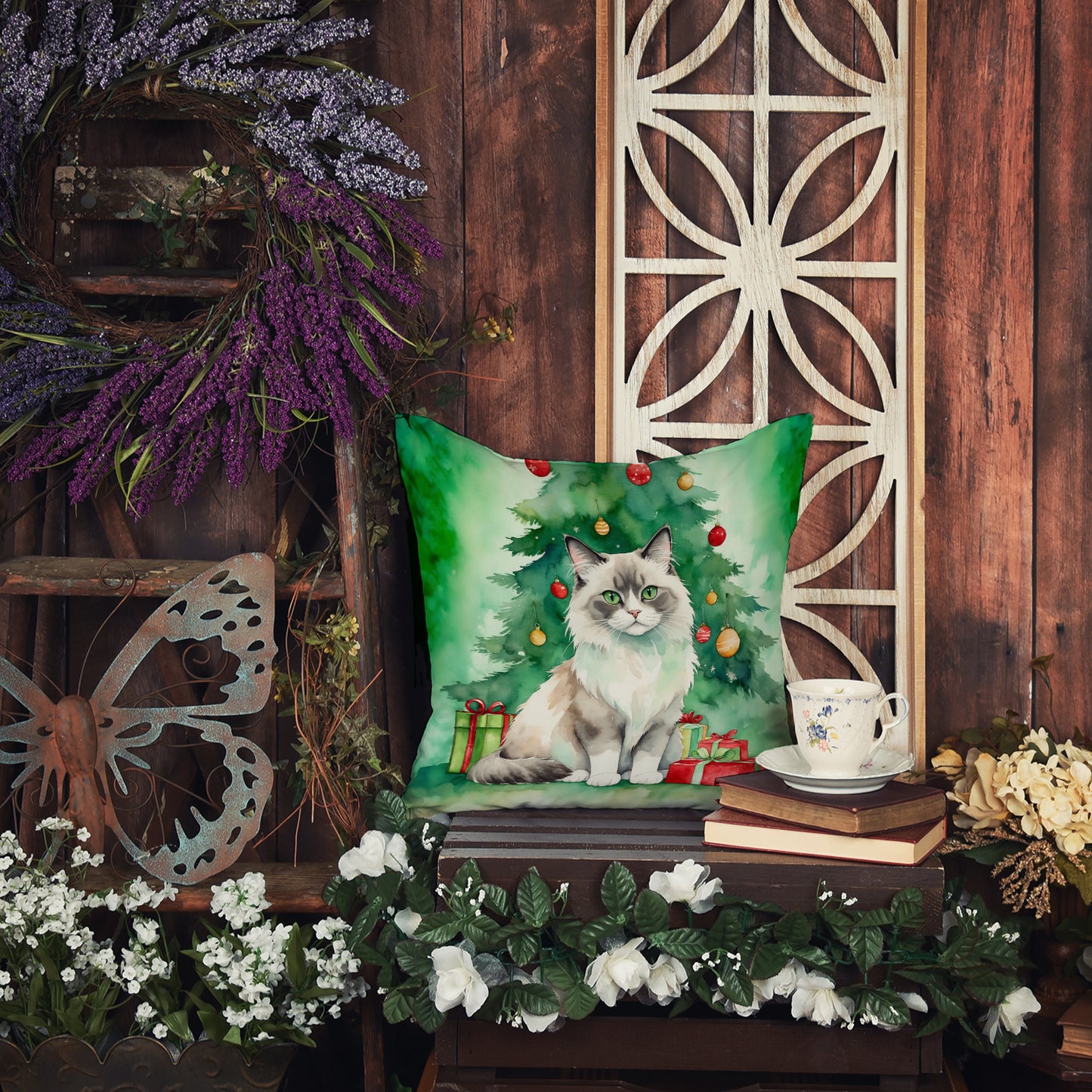 Ragdoll Cat By the Christmas Tree Throw Pillow