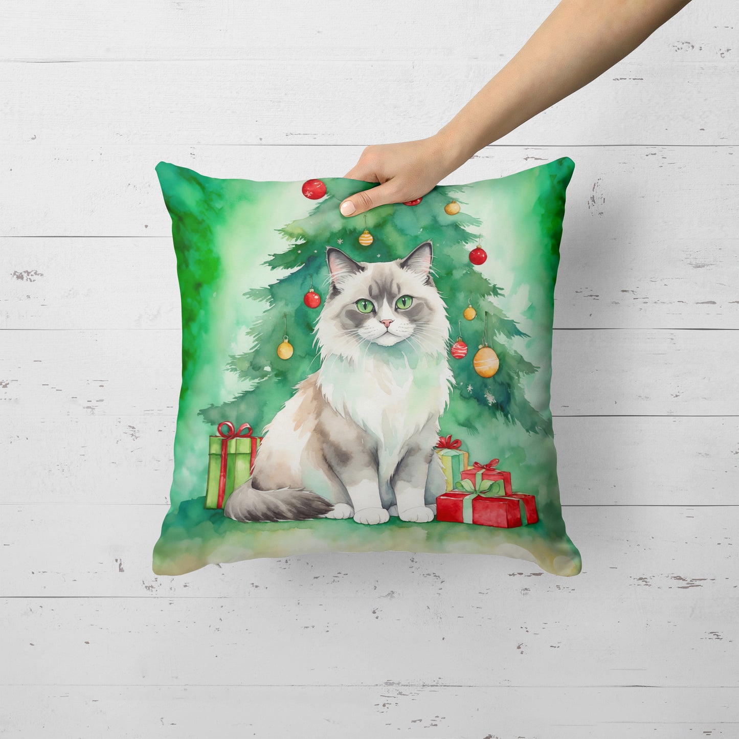 Ragdoll Cat By the Christmas Tree Throw Pillow