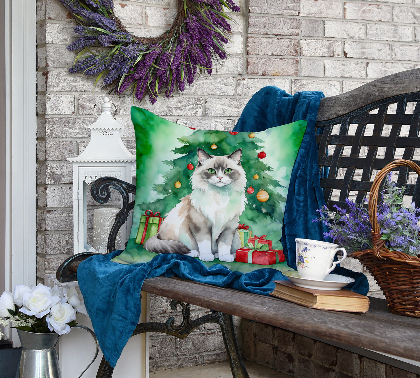 Ragdoll Cat By the Christmas Tree Throw Pillow