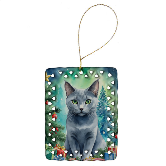 Buy this Russian Blue Cat By the Christmas Tree Porcelain Ornament