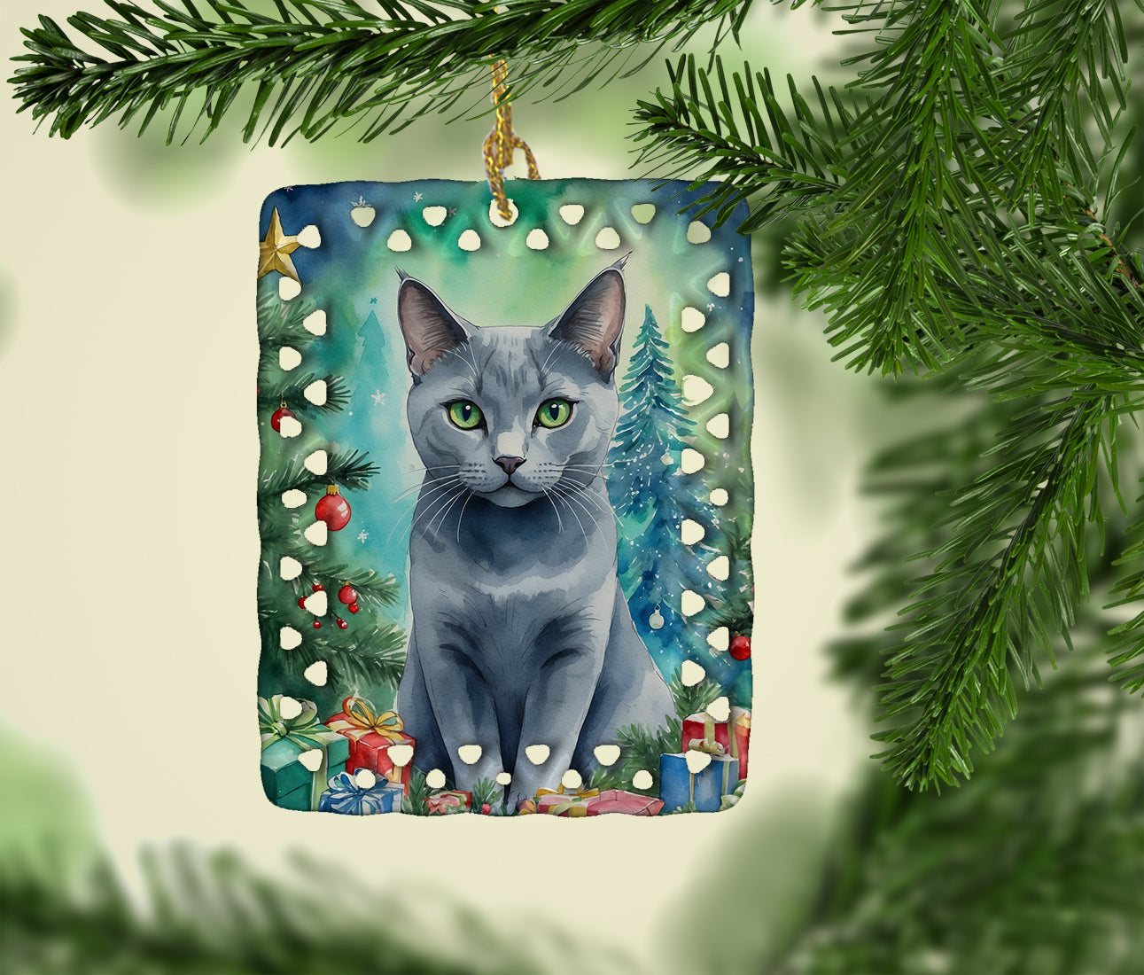 Russian Blue Cat By the Christmas Tree Porcelain Ornament