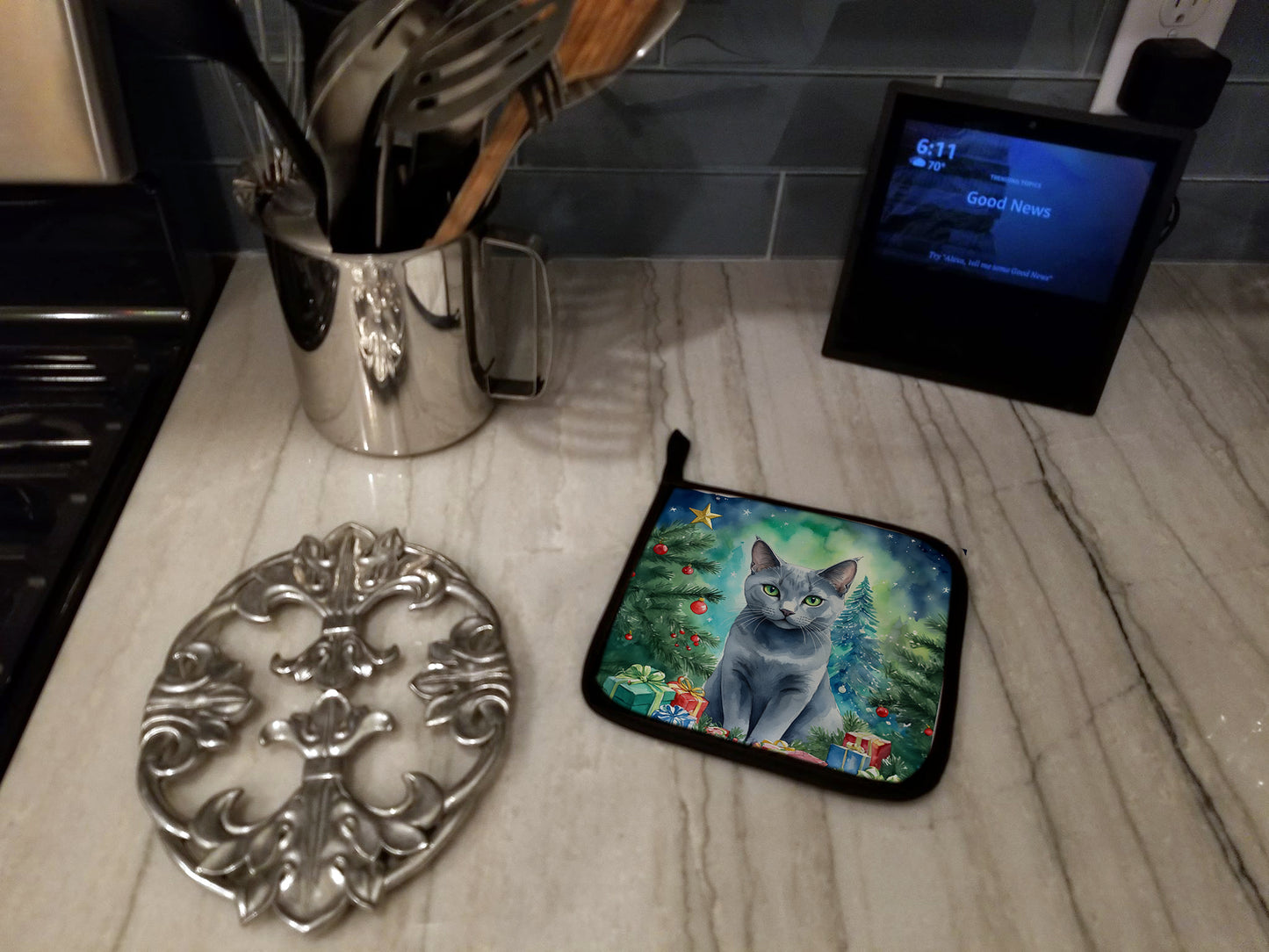 Russian Blue Cat By the Christmas Tree Pair of Pot Holders