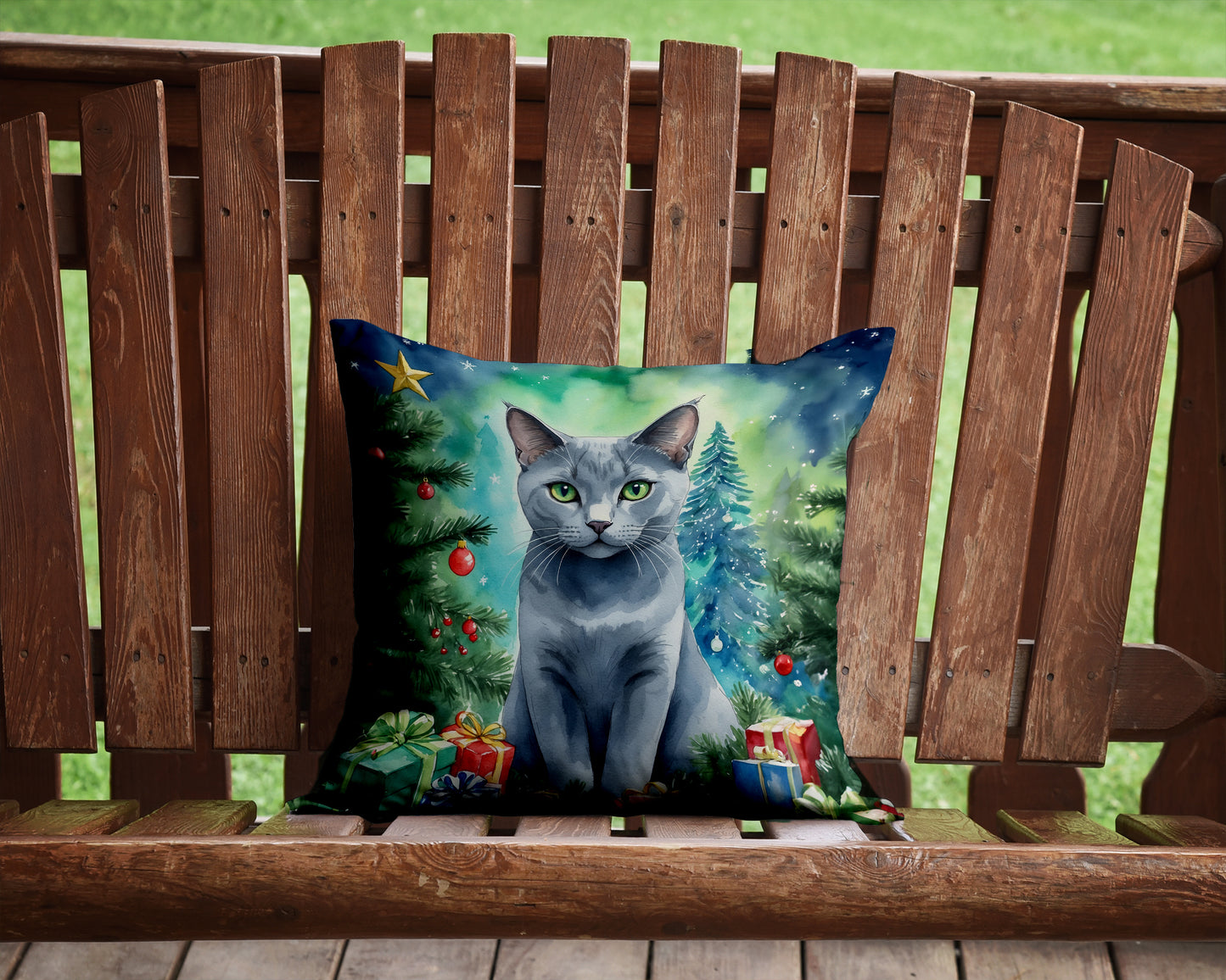 Russian Blue Cat By the Christmas Tree Throw Pillow