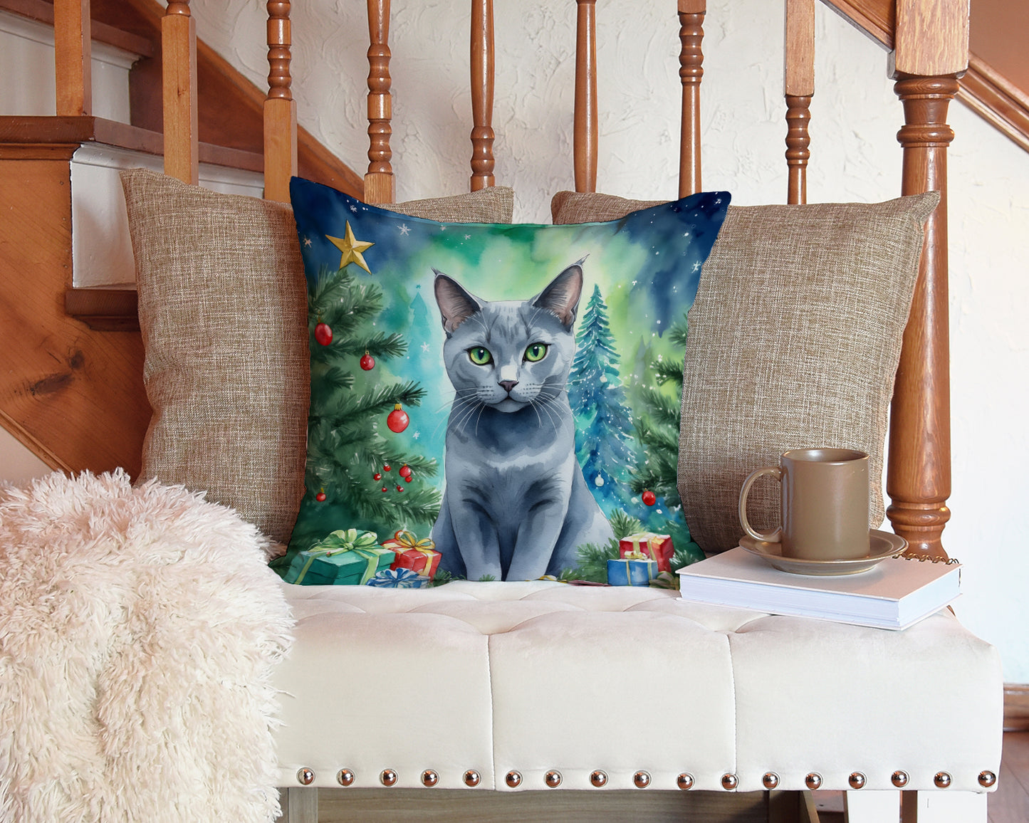 Russian Blue Cat By the Christmas Tree Throw Pillow