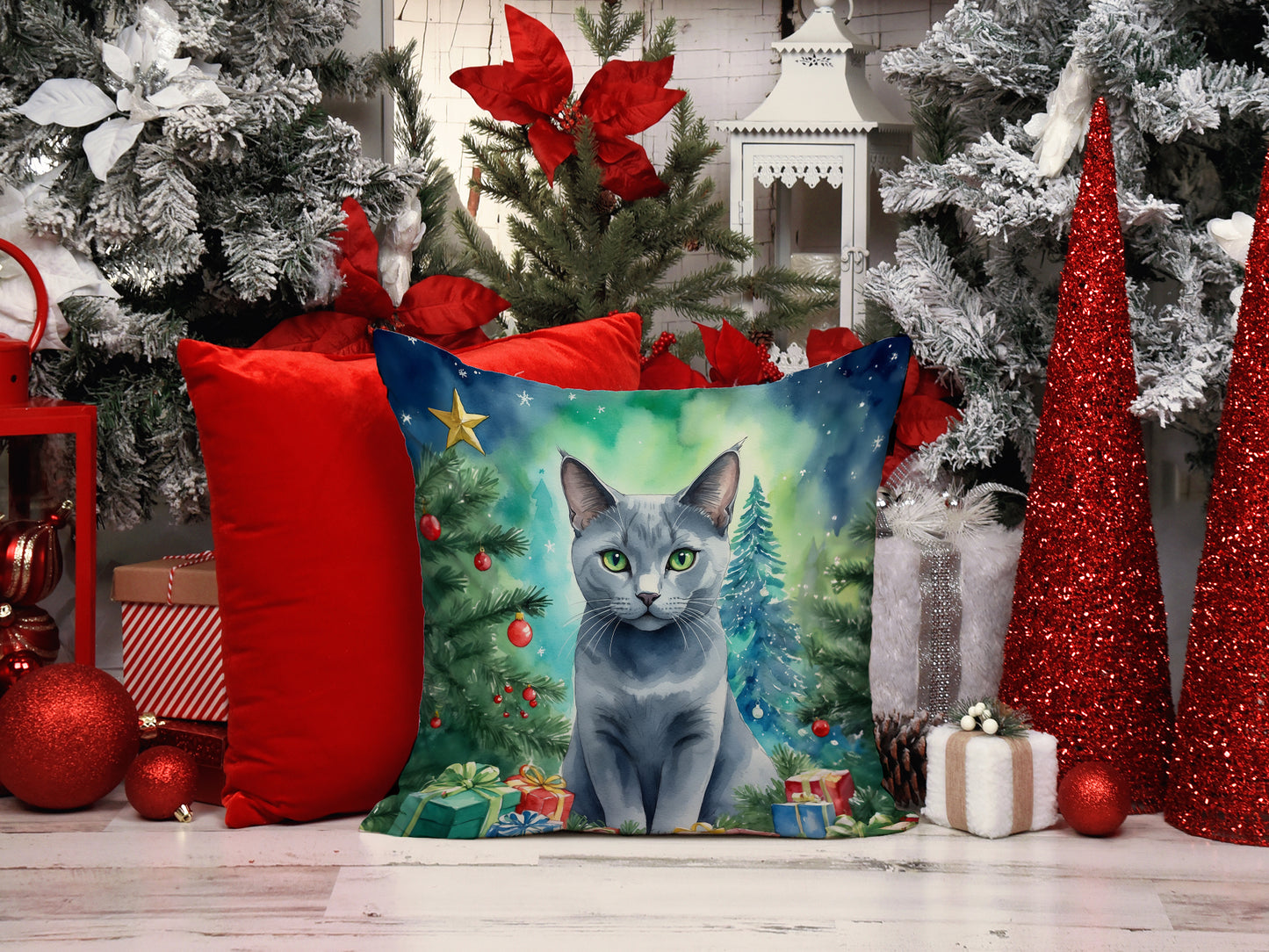 Russian Blue Cat By the Christmas Tree Throw Pillow
