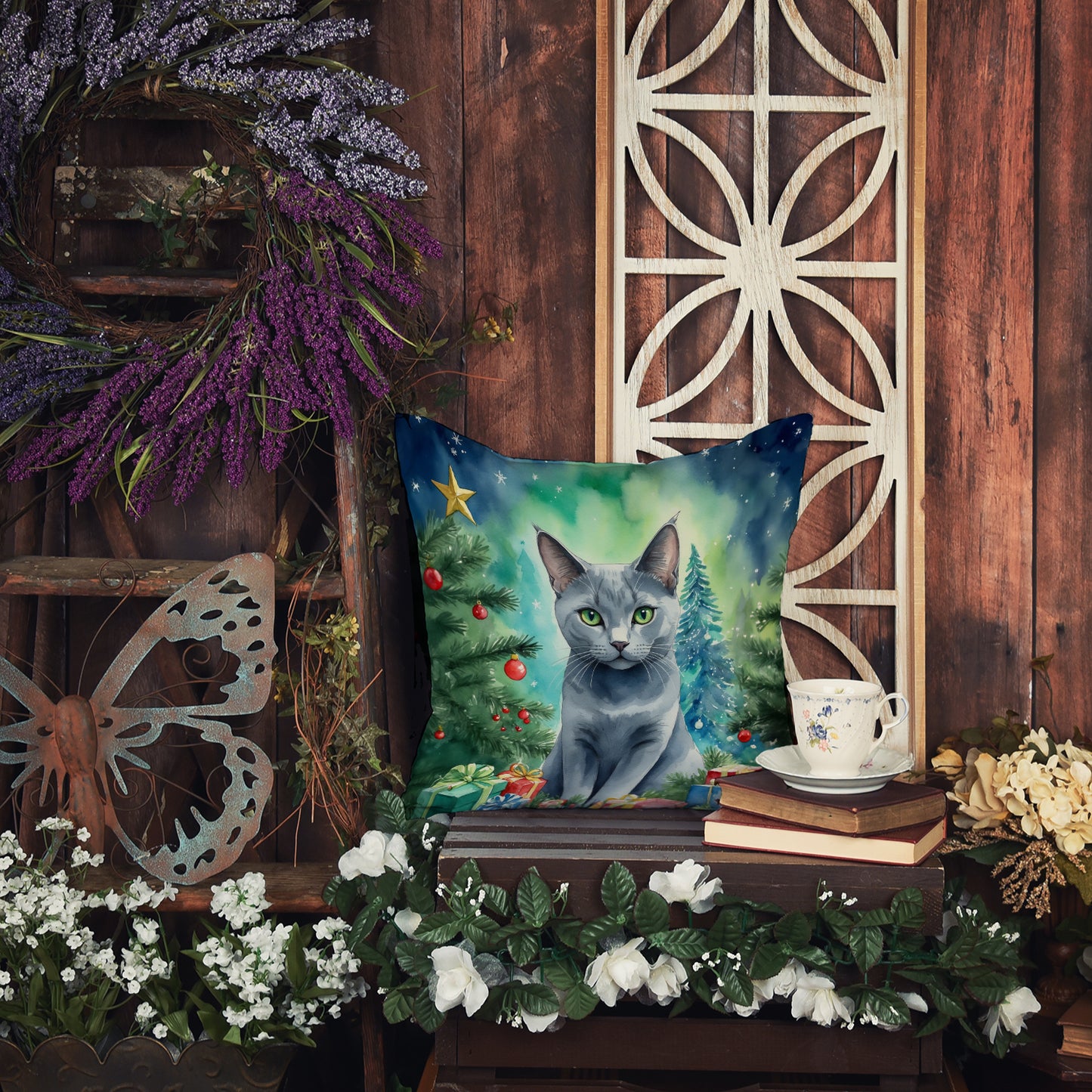 Russian Blue Cat By the Christmas Tree Throw Pillow
