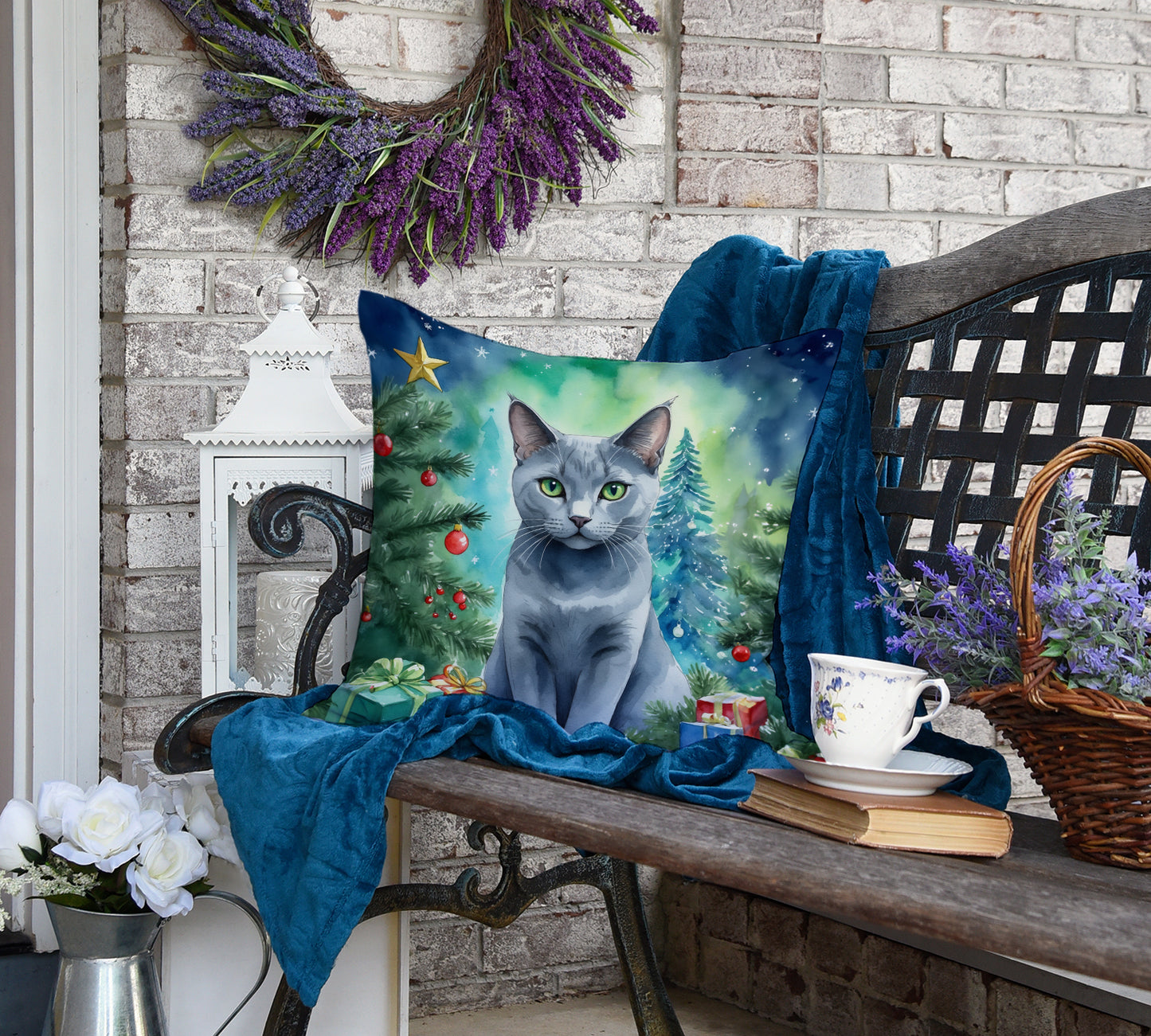 Russian Blue Cat By the Christmas Tree Throw Pillow