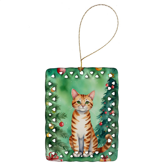 Buy this Safari Cat By the Christmas Tree Porcelain Ornament