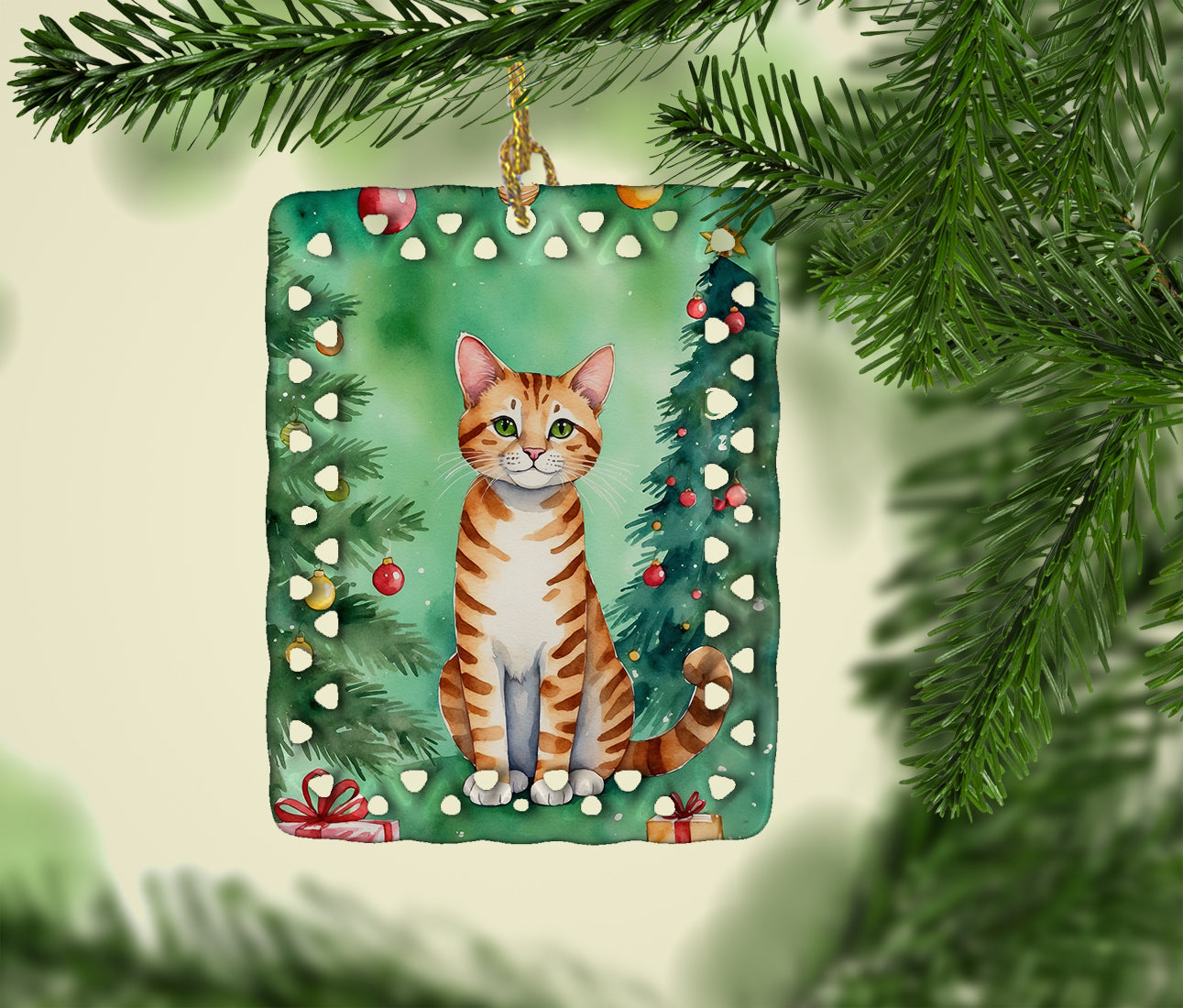 Safari Cat By the Christmas Tree Porcelain Ornament