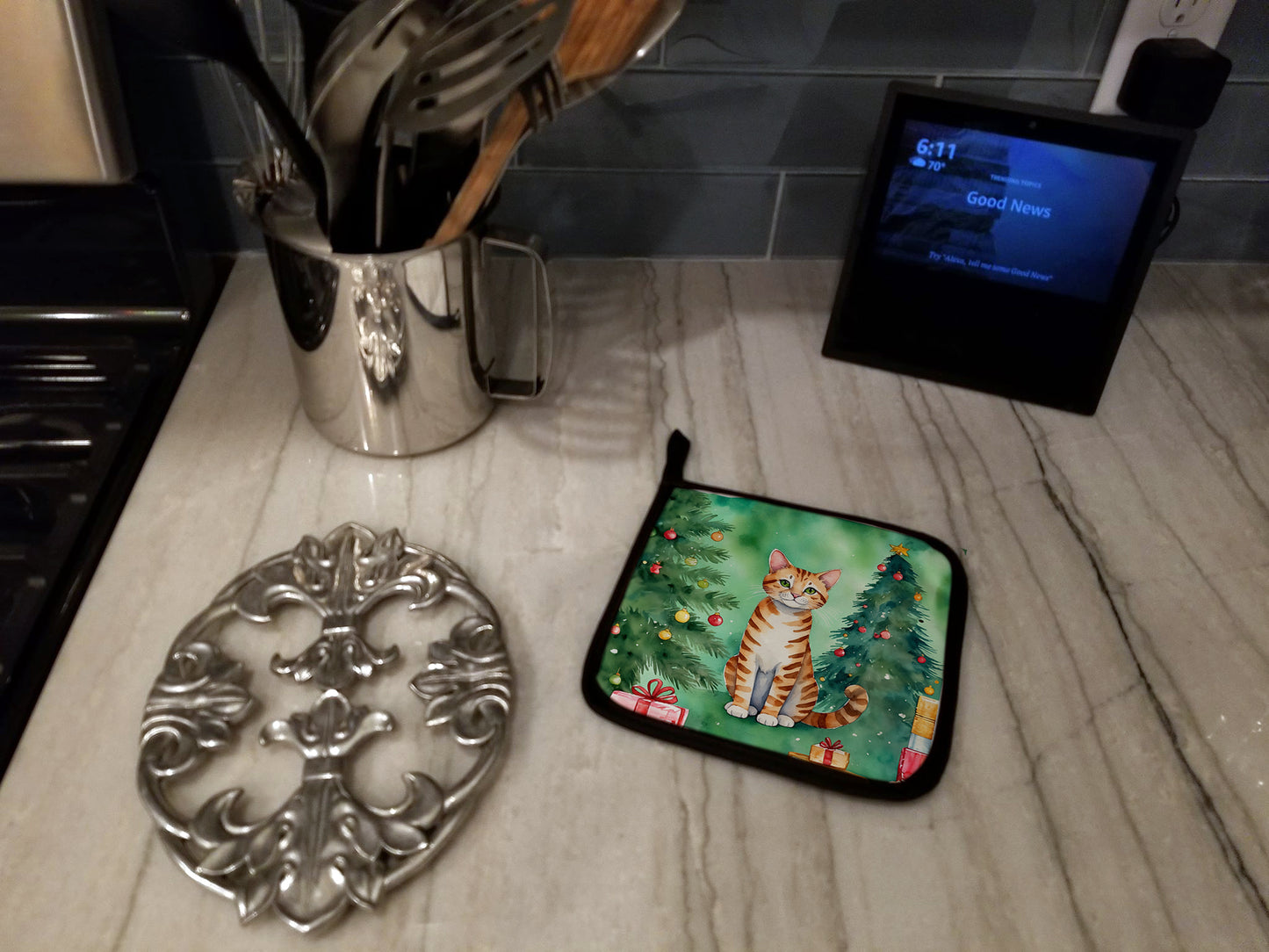 Safari Cat By the Christmas Tree Pair of Pot Holders