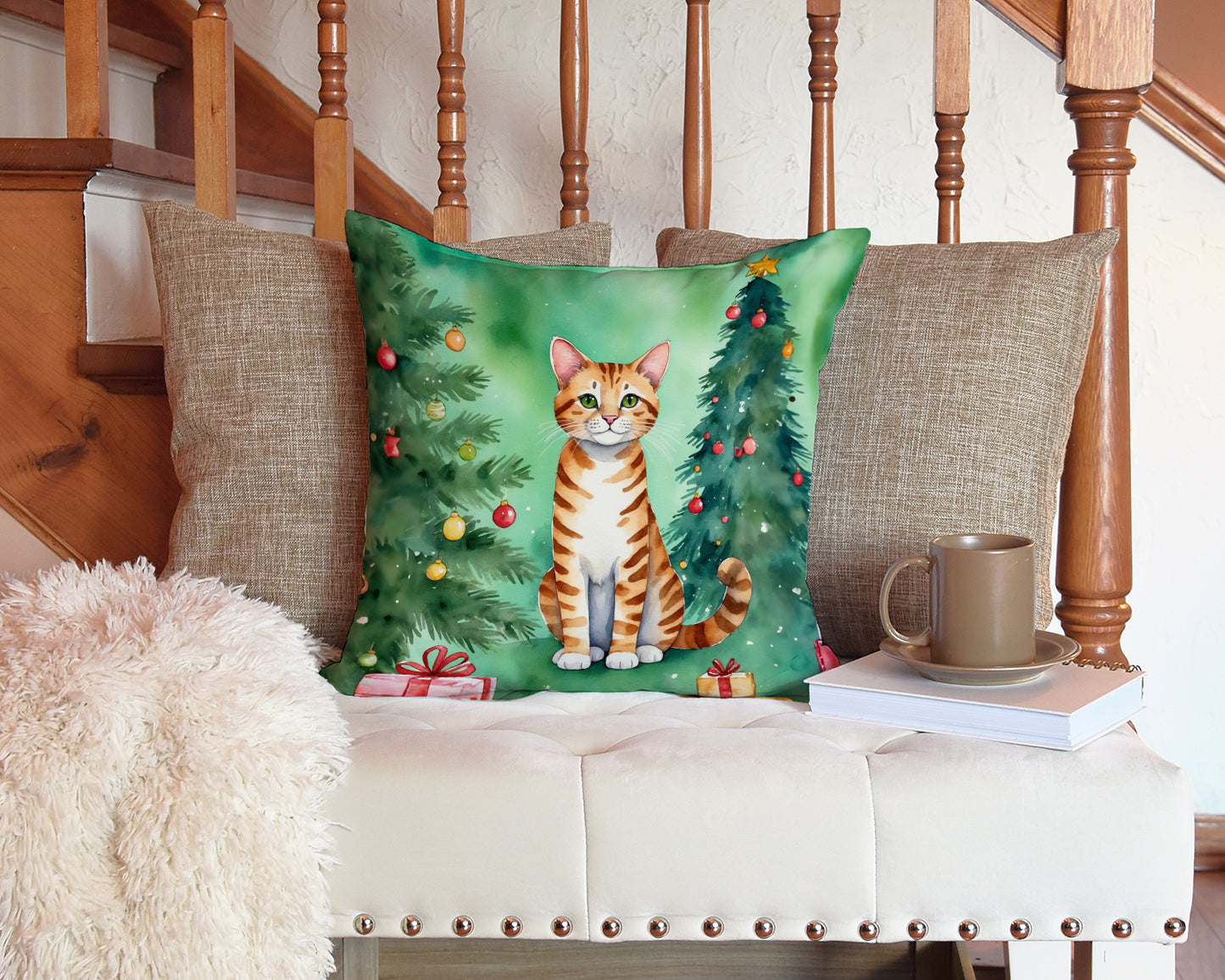 Safari Cat By the Christmas Tree Throw Pillow