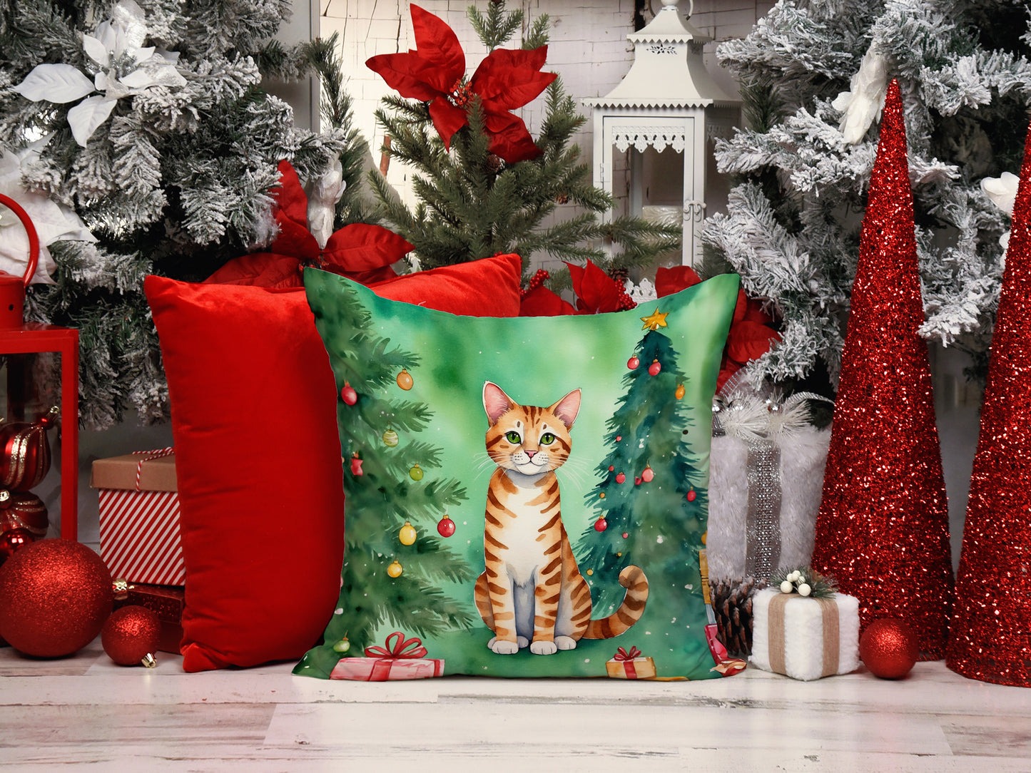 Safari Cat By the Christmas Tree Throw Pillow