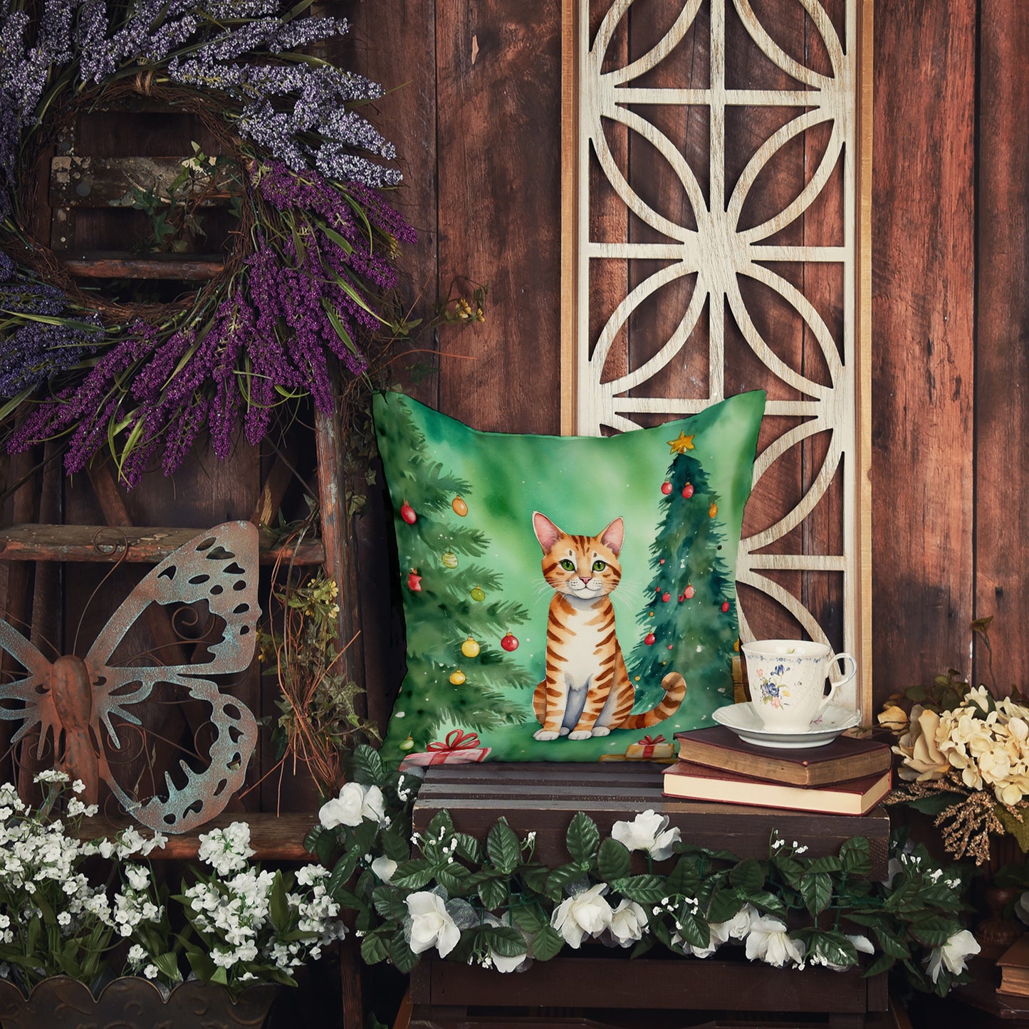 Safari Cat By the Christmas Tree Throw Pillow