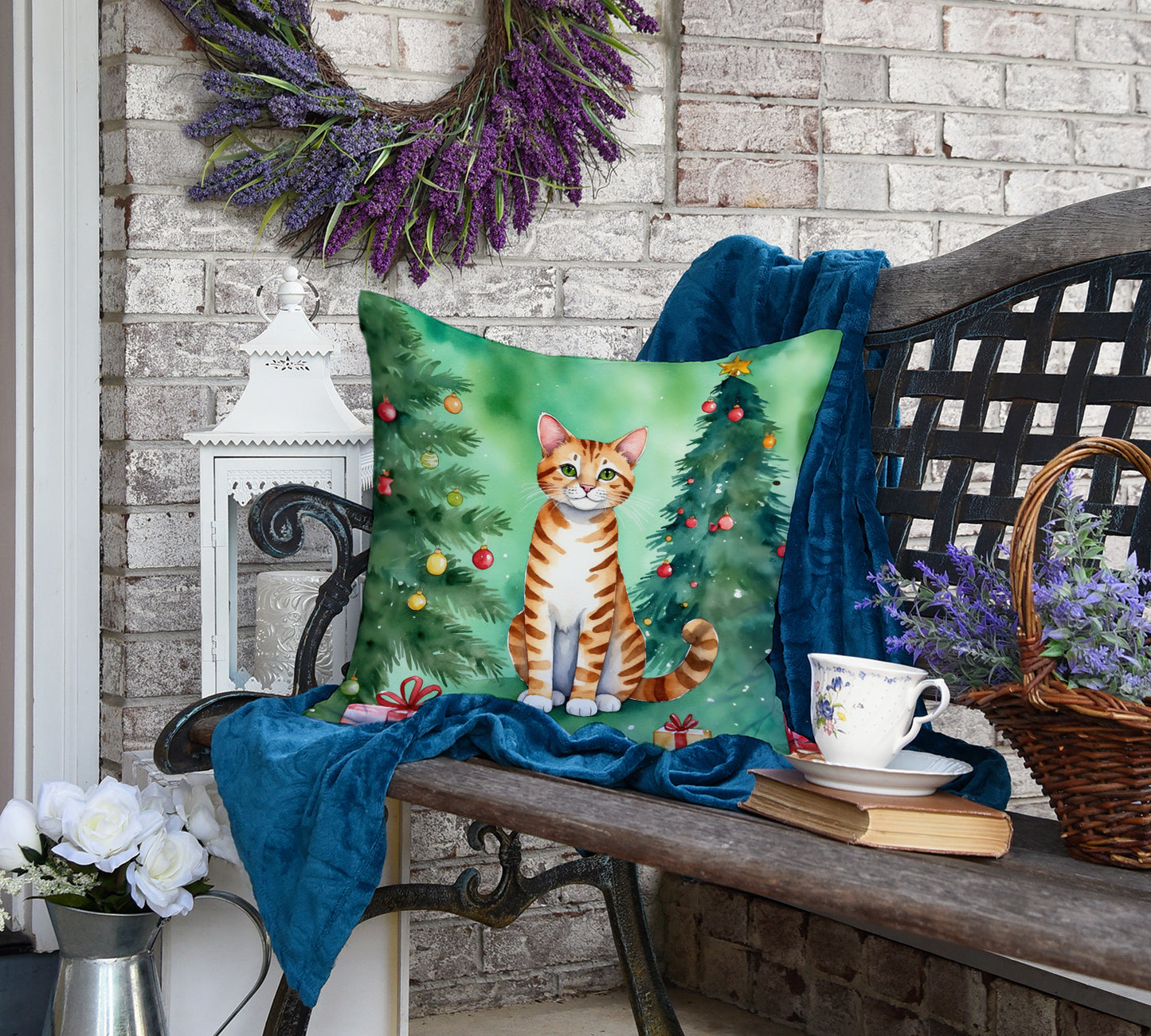 Safari Cat By the Christmas Tree Throw Pillow