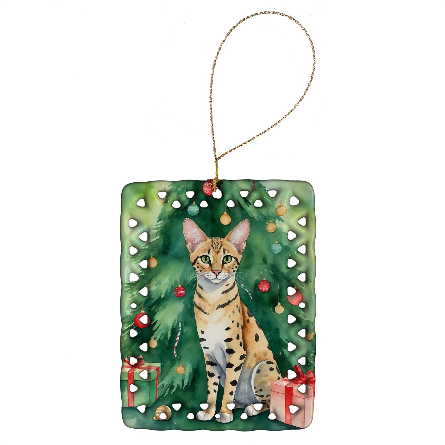 Buy this Savannah Cat By the Christmas Tree Porcelain Ornament