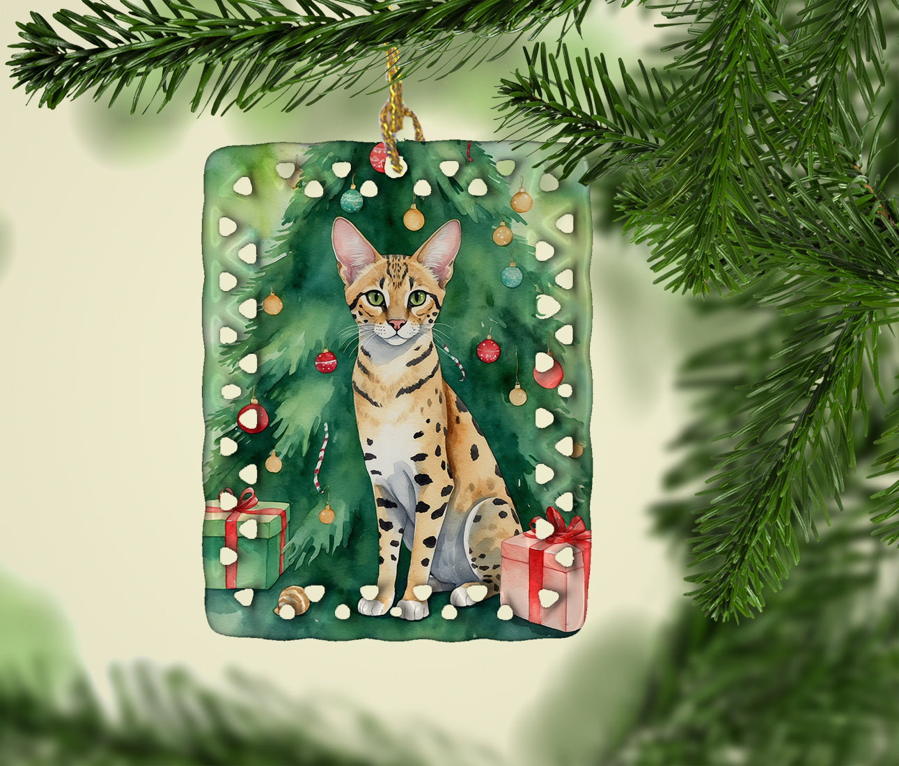 Savannah Cat By the Christmas Tree Porcelain Ornament