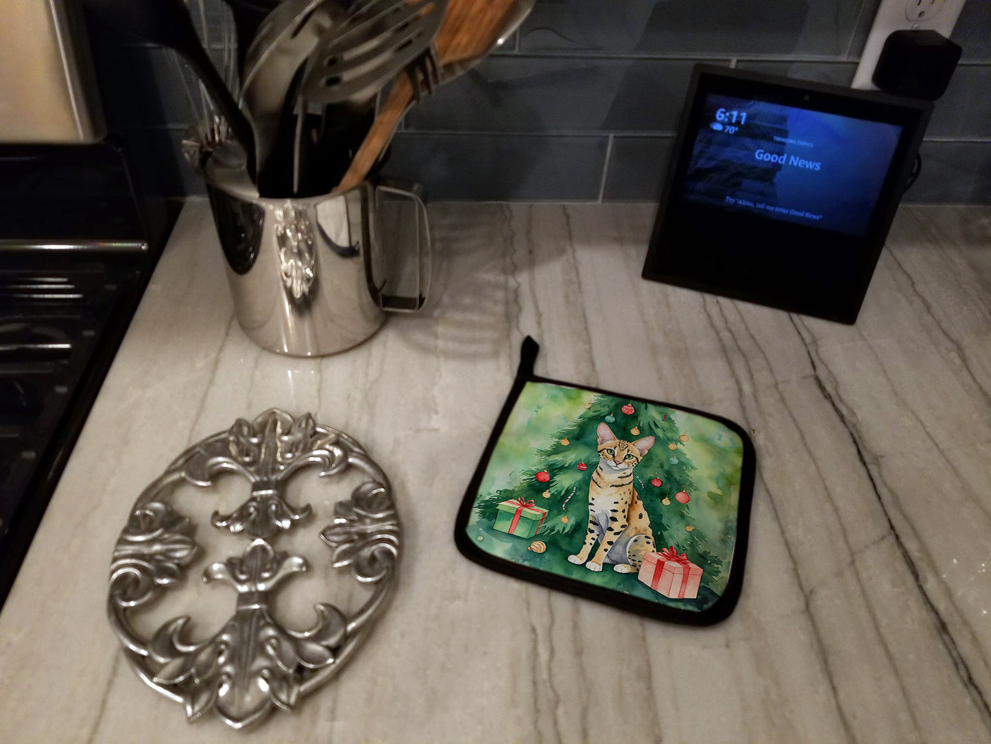 Savannah Cat By the Christmas Tree Pair of Pot Holders