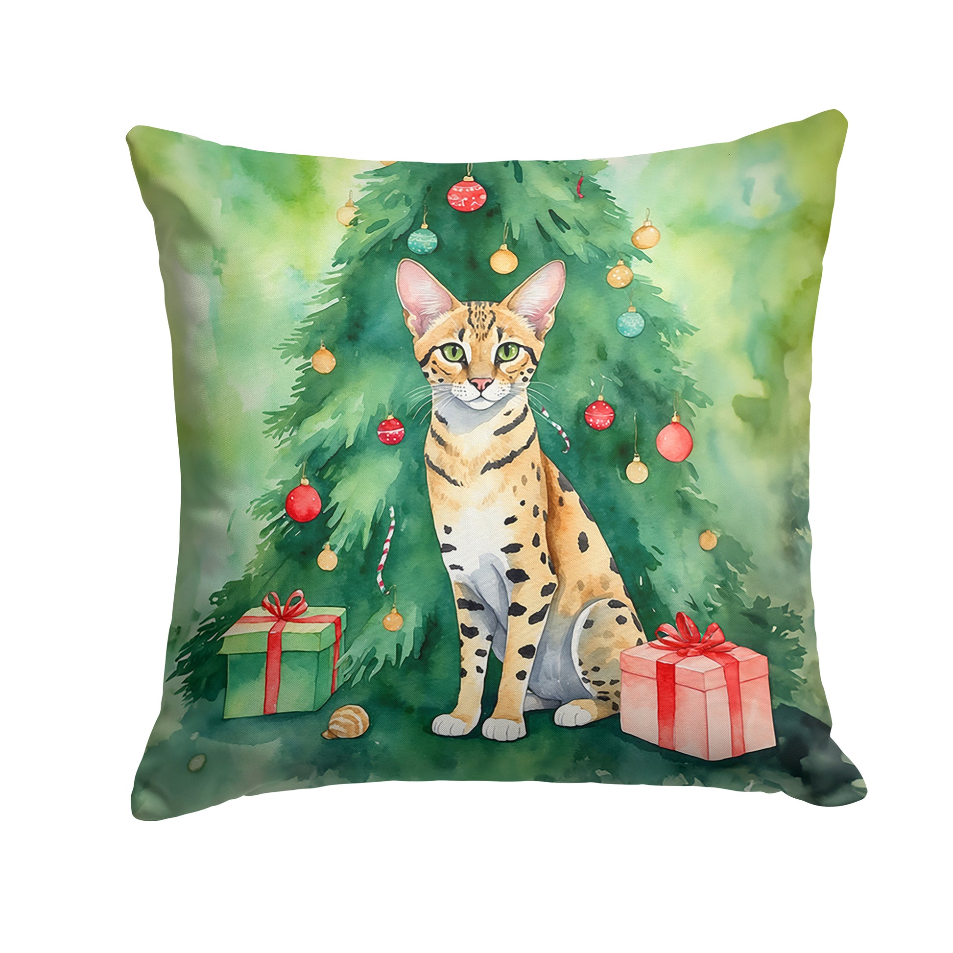 Buy this Savannah Cat By the Christmas Tree Throw Pillow