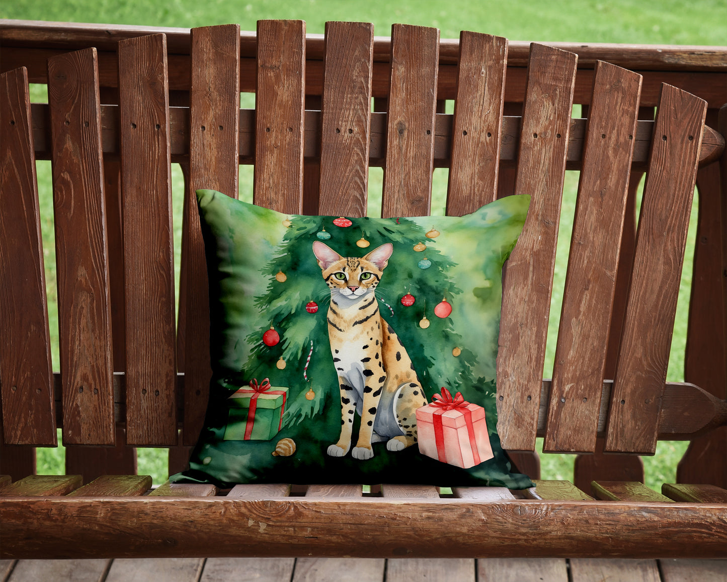 Savannah Cat By the Christmas Tree Throw Pillow