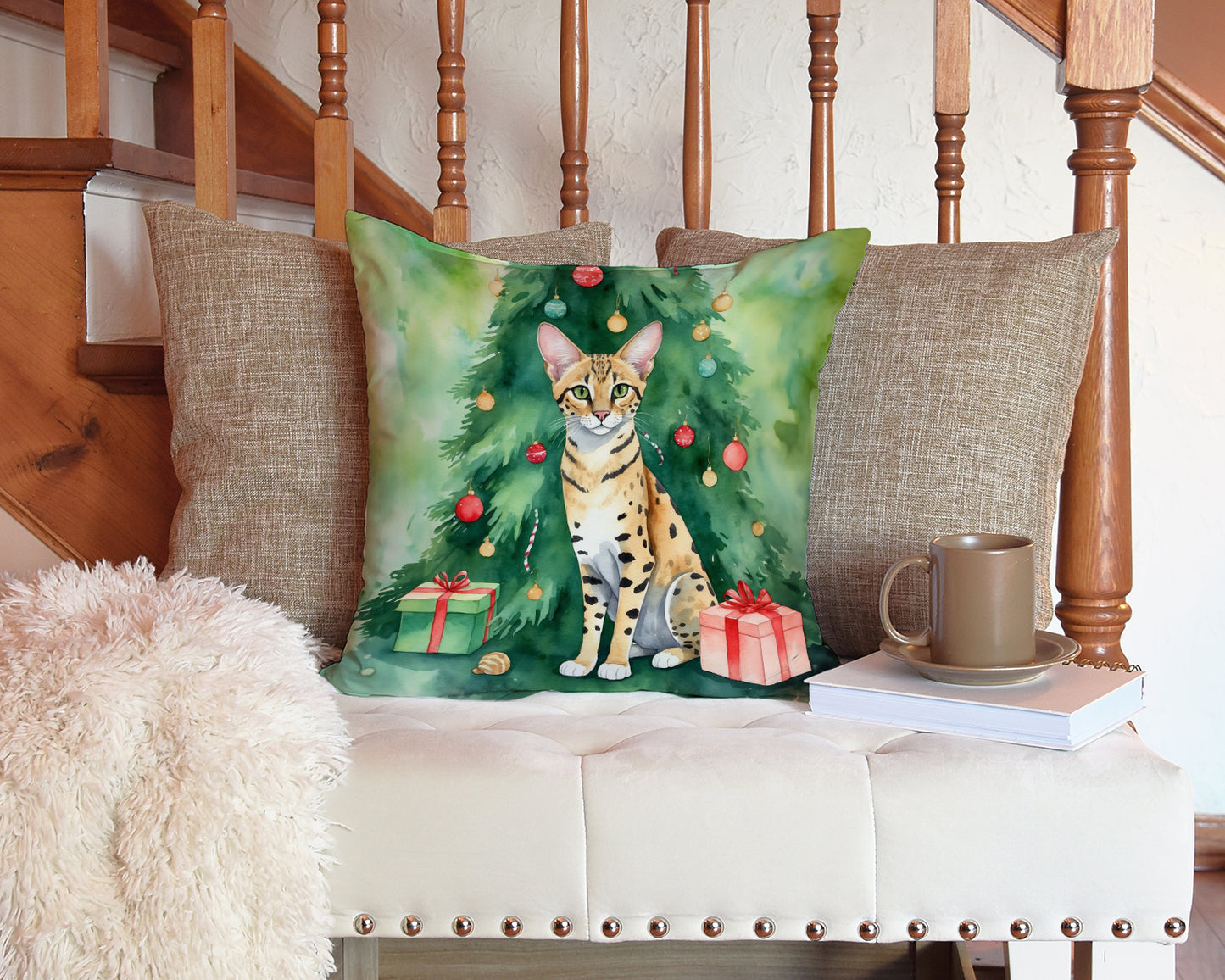 Savannah Cat By the Christmas Tree Throw Pillow