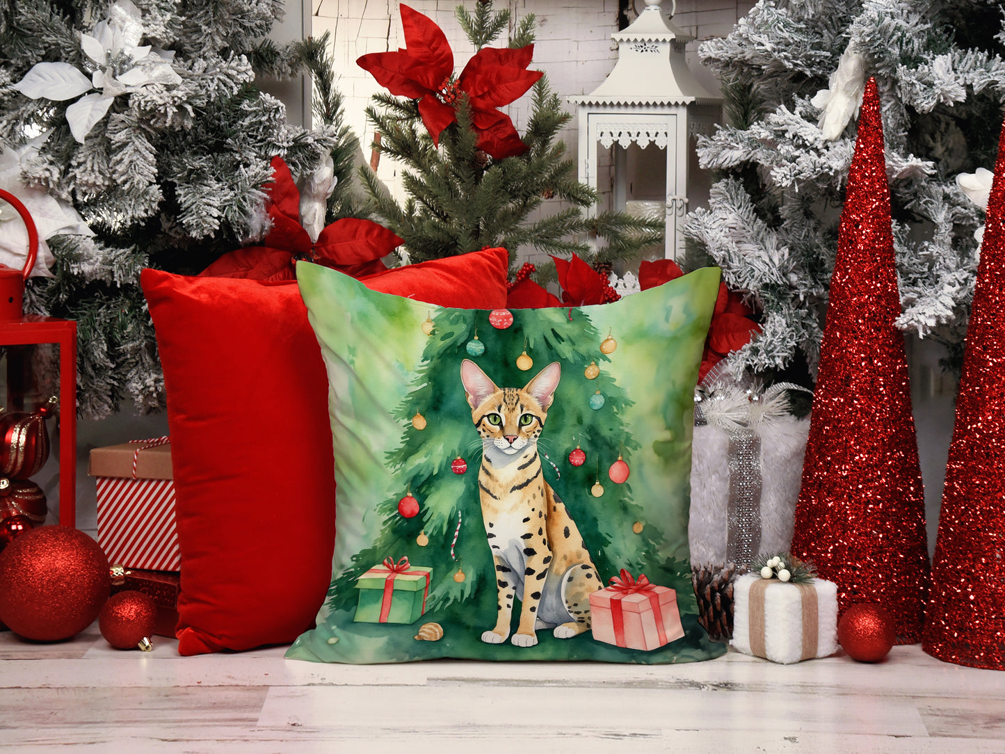 Savannah Cat By the Christmas Tree Throw Pillow