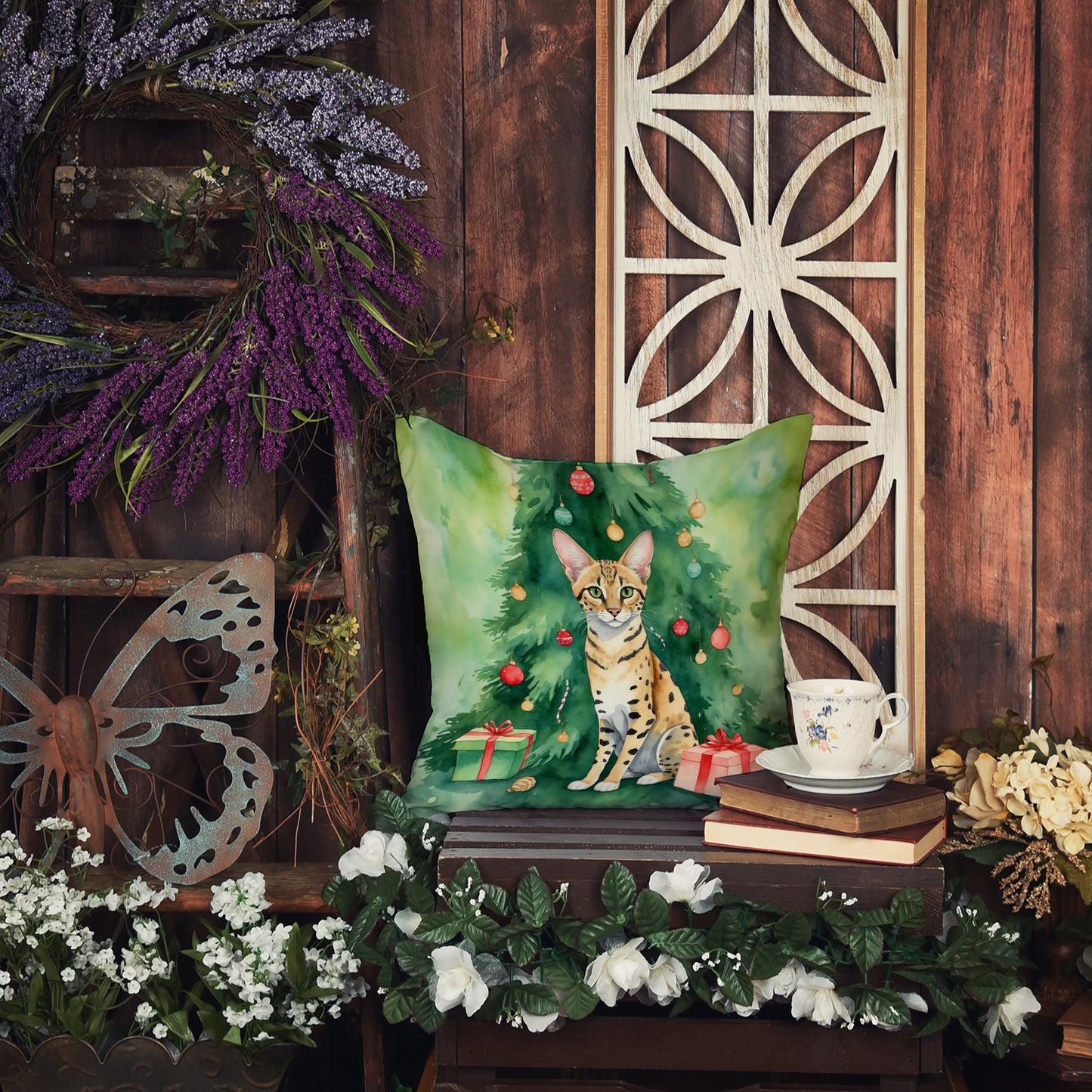 Savannah Cat By the Christmas Tree Throw Pillow