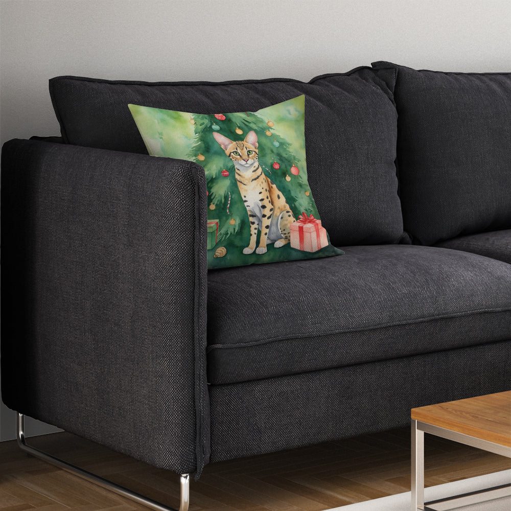 Savannah Cat By the Christmas Tree Throw Pillow