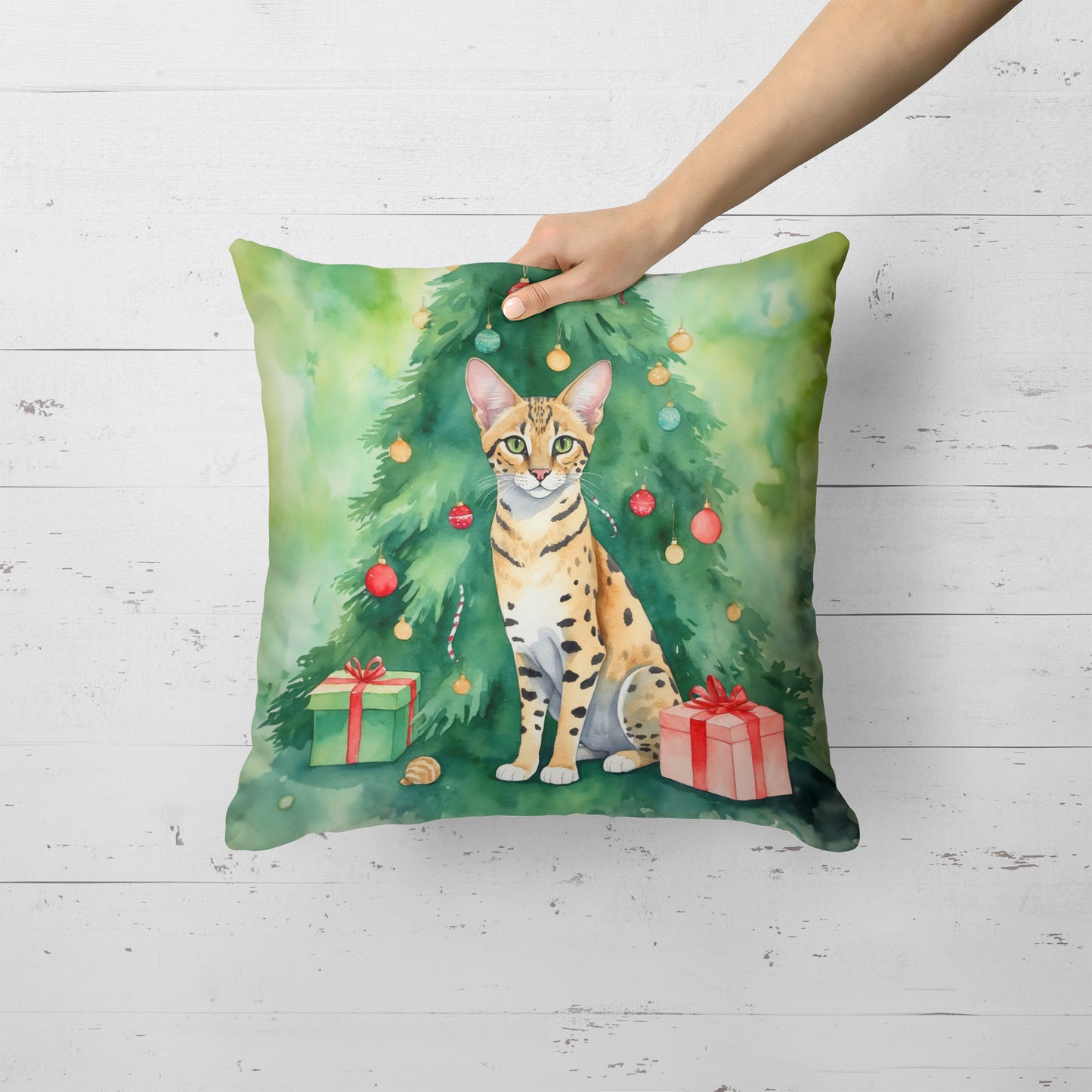 Savannah Cat By the Christmas Tree Throw Pillow