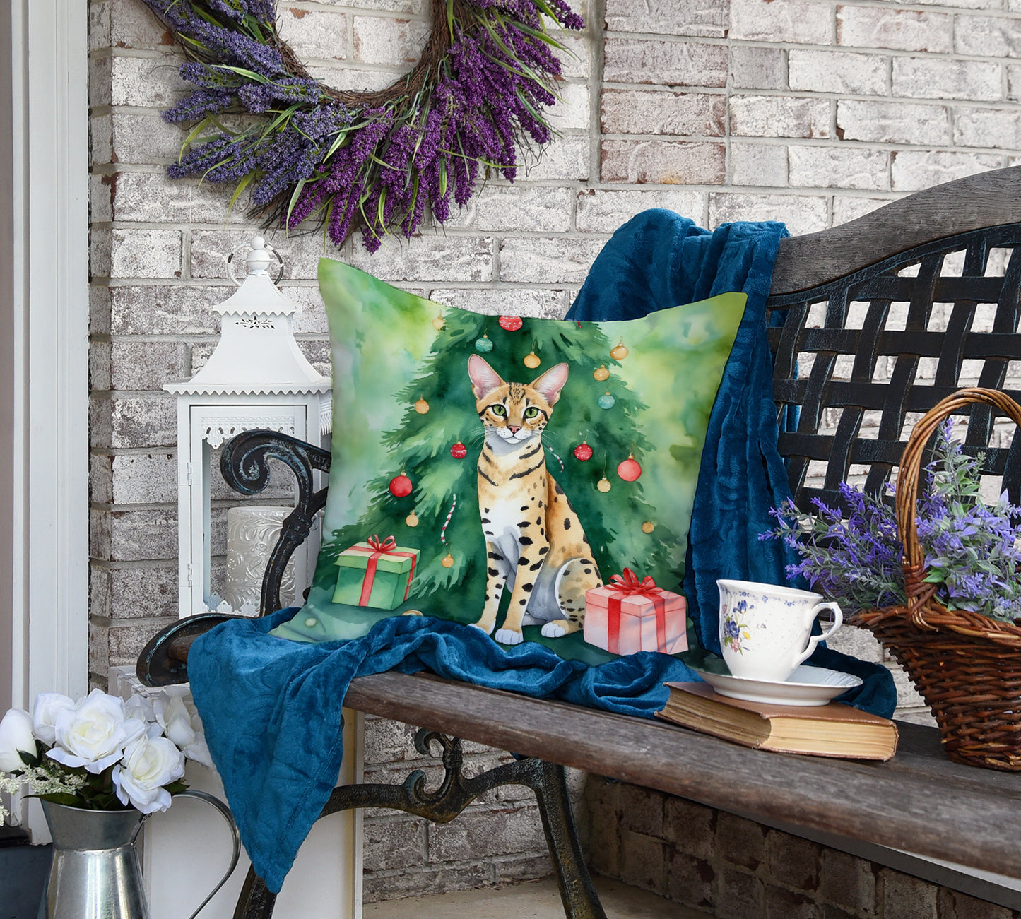 Savannah Cat By the Christmas Tree Throw Pillow